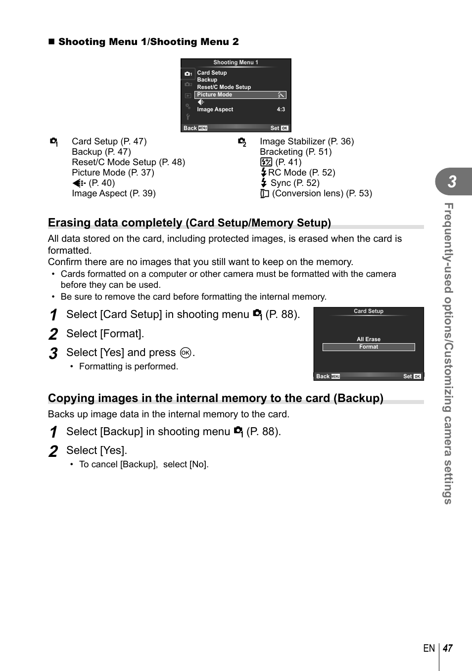 Erasing data completely, Select [card setup] in shooting menu w (p. 88), Select [format | Select [yes] and press q, Select [backup] in shooting menu w (p. 88), Select [yes | Olympus XZ-2 User Manual | Page 47 / 102