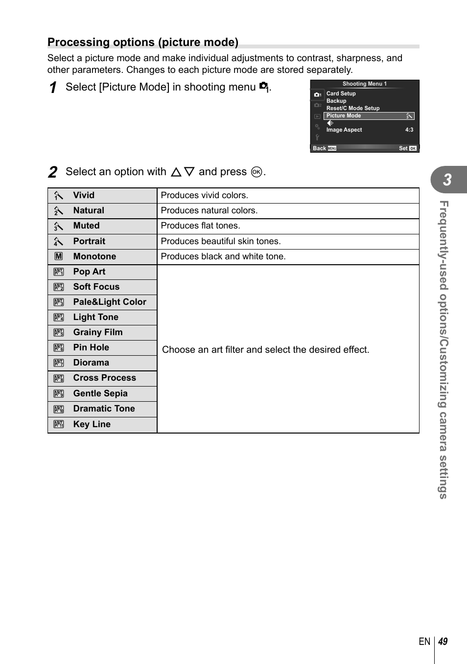 Processing options (picture mode), Select [picture mode] in shooting menu w, Select an option with fg and press q | Olympus XZ-2 User Manual | Page 49 / 102