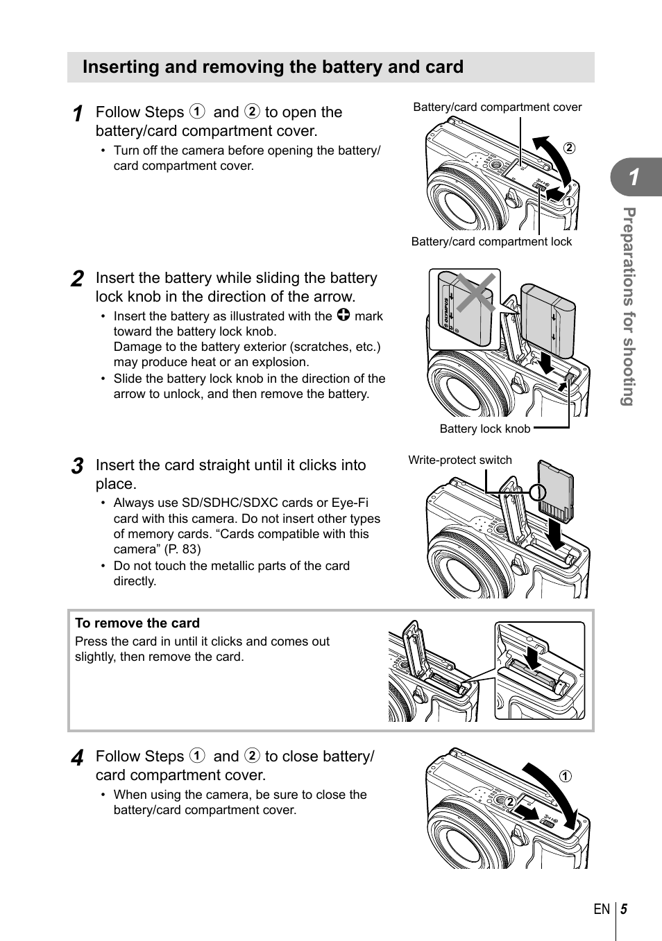 Inserting and removing the battery and card | Olympus XZ-2 User Manual | Page 5 / 102