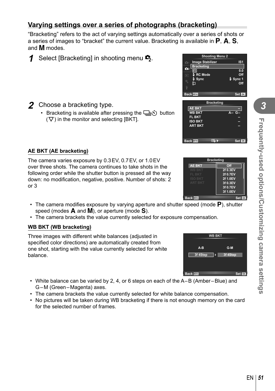 Select [bracketing] in shooting menu x, Choose a bracketing type, 51 en | Olympus XZ-2 User Manual | Page 51 / 102