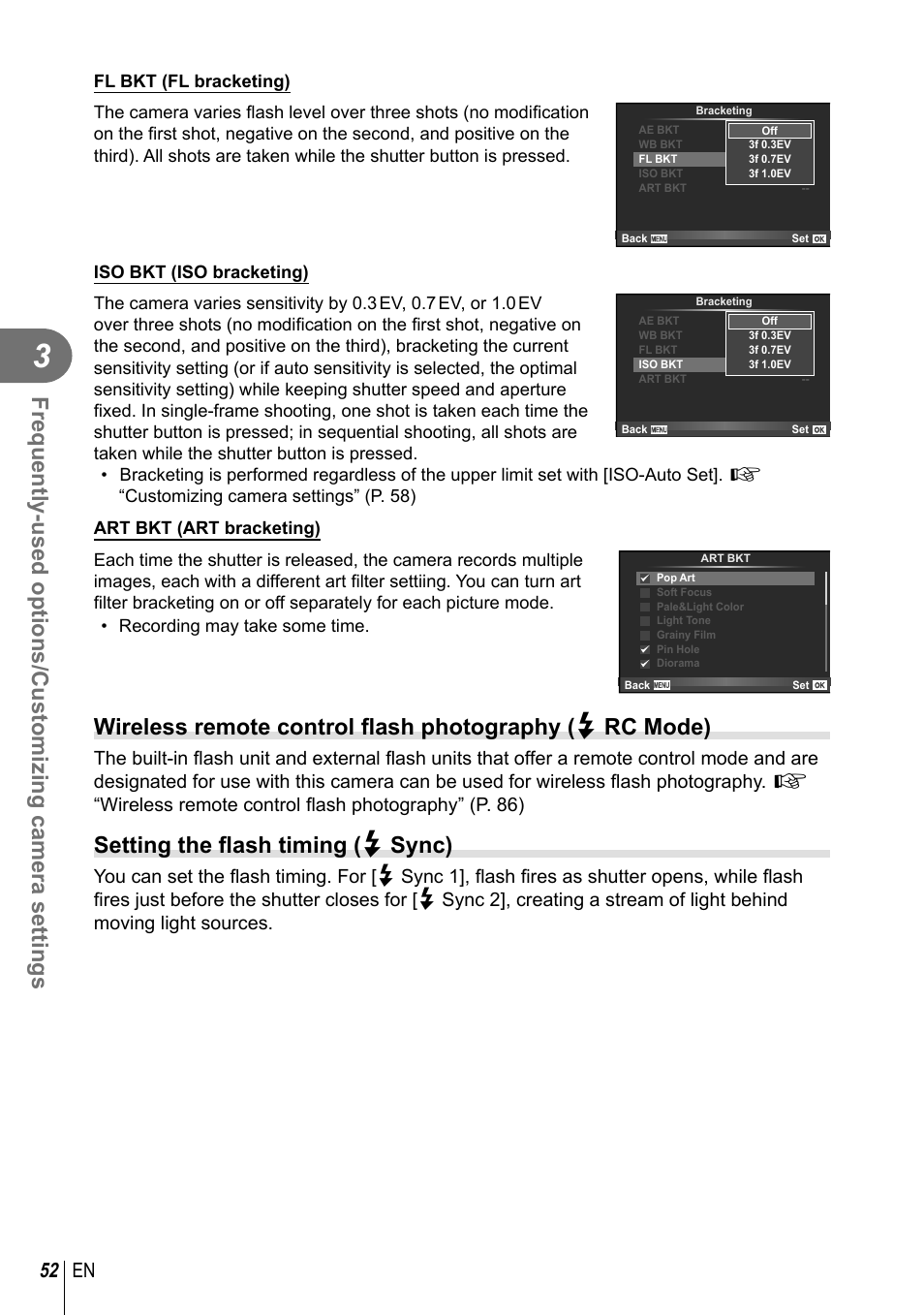 Setting the fl ash timing ( # sync), 52 en | Olympus XZ-2 User Manual | Page 52 / 102