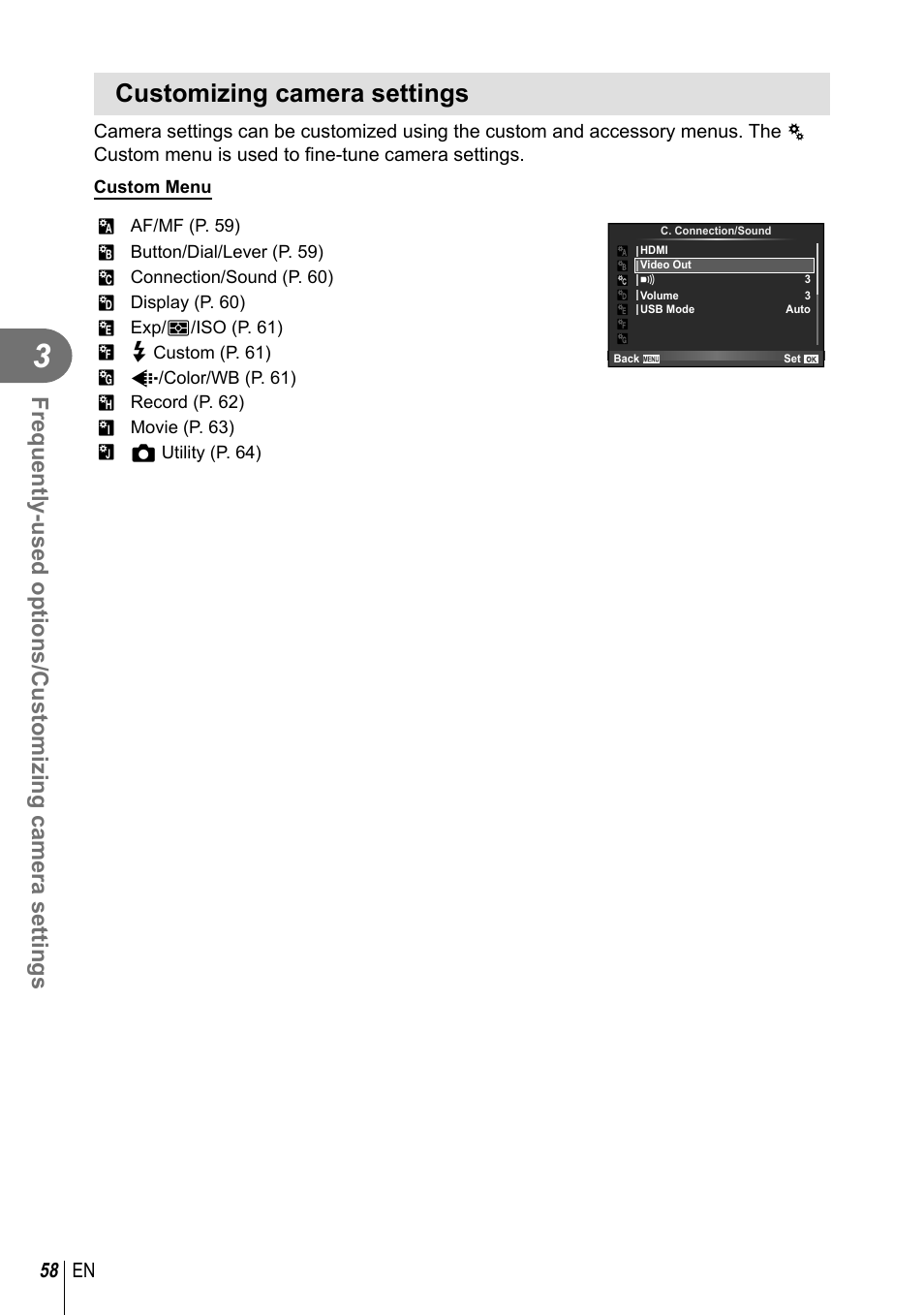 Customizing camera settings, 58 en | Olympus XZ-2 User Manual | Page 58 / 102