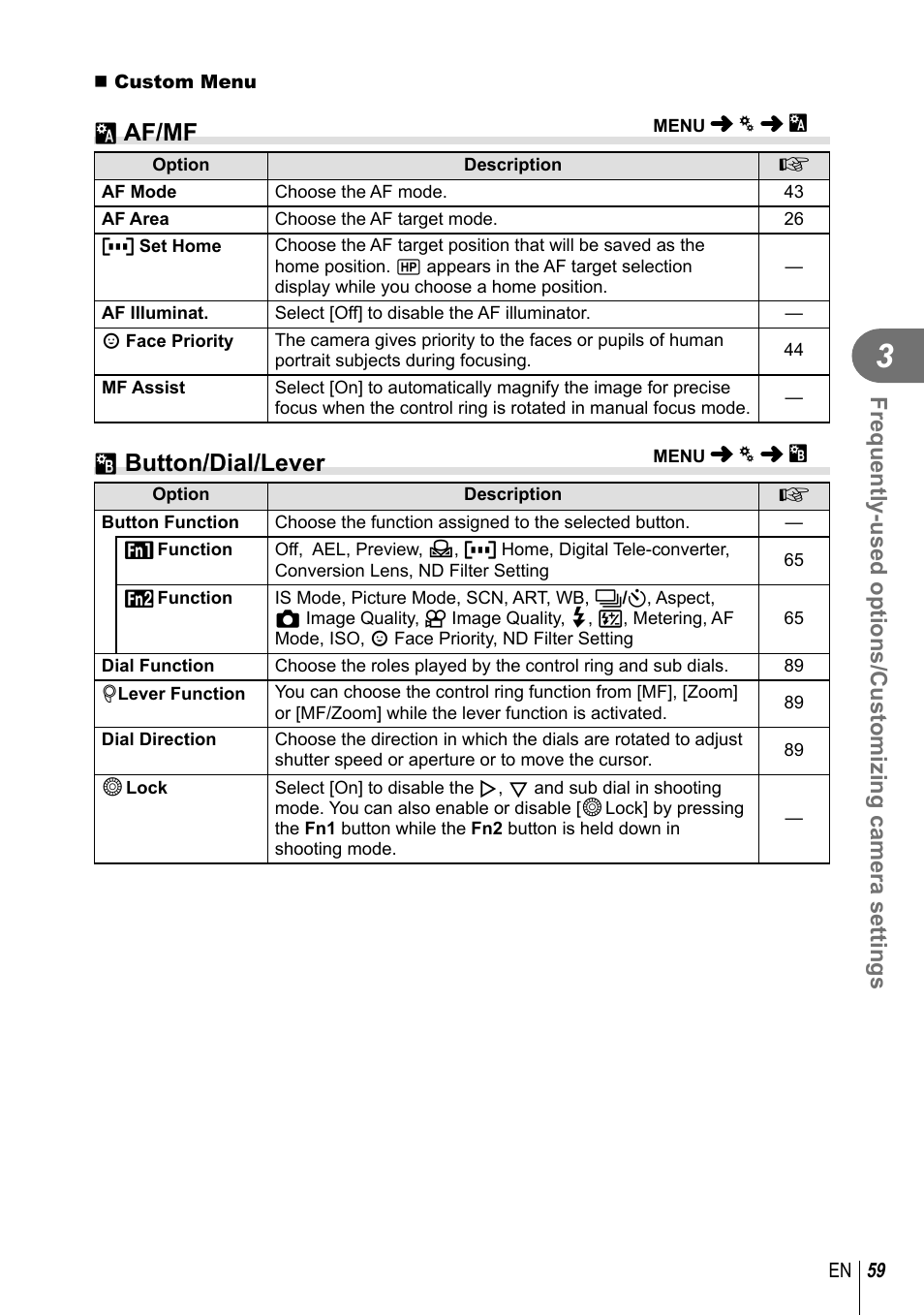 R af/mf, S button/dial/lever | Olympus XZ-2 User Manual | Page 59 / 102