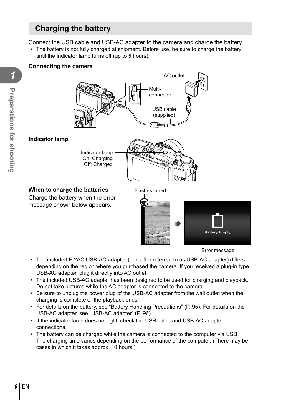 Charging the battery, Preparations for shooting | Olympus XZ-2 User Manual | Page 6 / 102