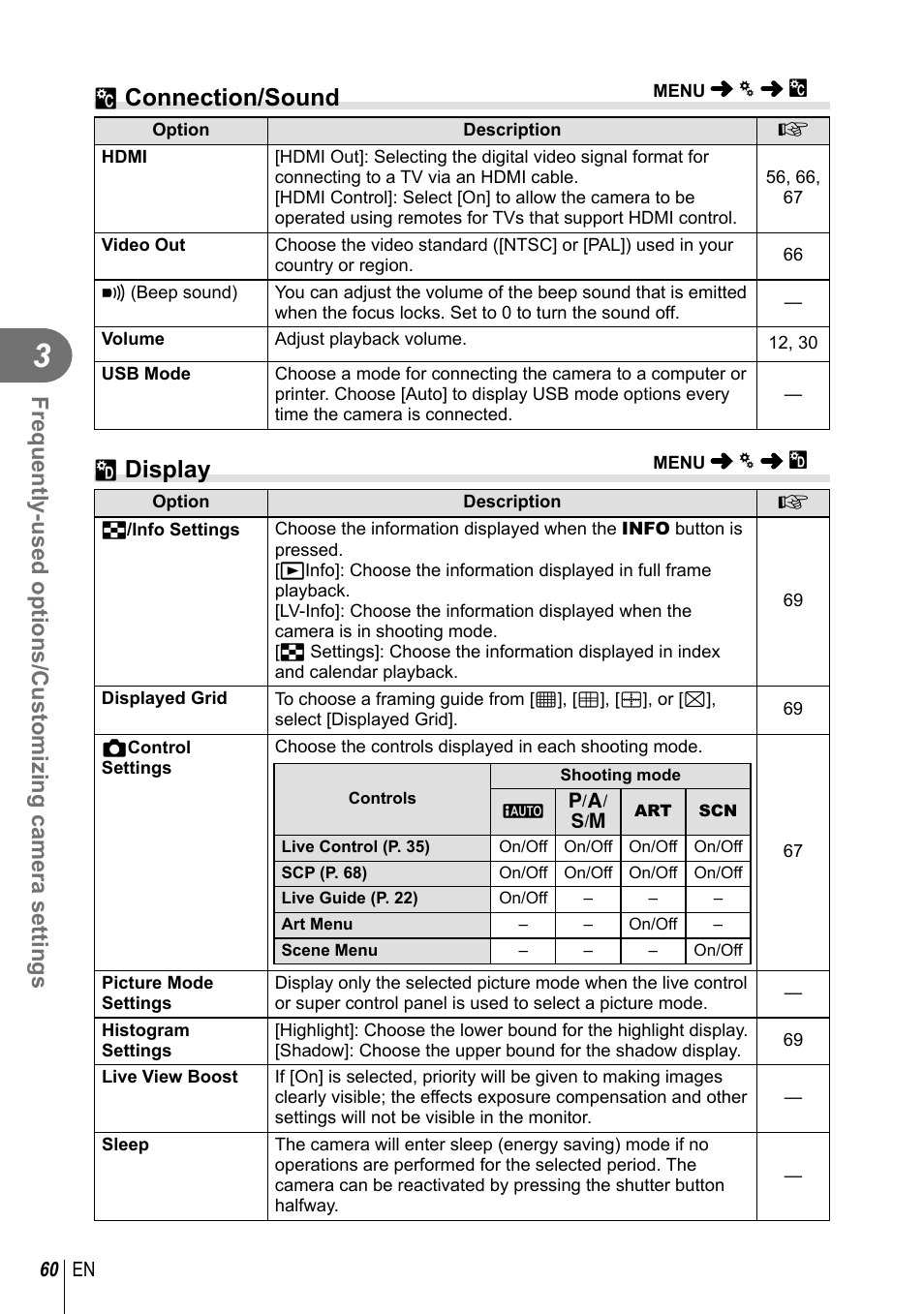 T connection/sound, U display | Olympus XZ-2 User Manual | Page 60 / 102