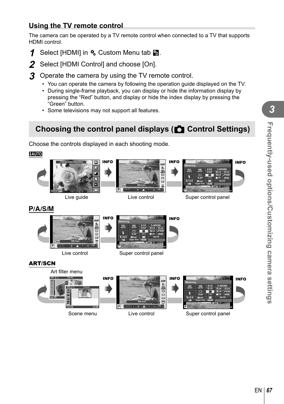 Choosing the control panel displays, Using the tv remote control, Select [hdmi] in c custom menu tab u | Select [hdmi control] and choose [on, Operate the camera by using the tv remote control, 67 en, Art / scn, Live guide, Super control panel, Live control | Olympus XZ-2 User Manual | Page 67 / 102