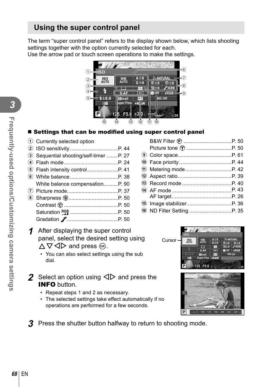 Using the super control panel, 68 en | Olympus XZ-2 User Manual | Page 68 / 102