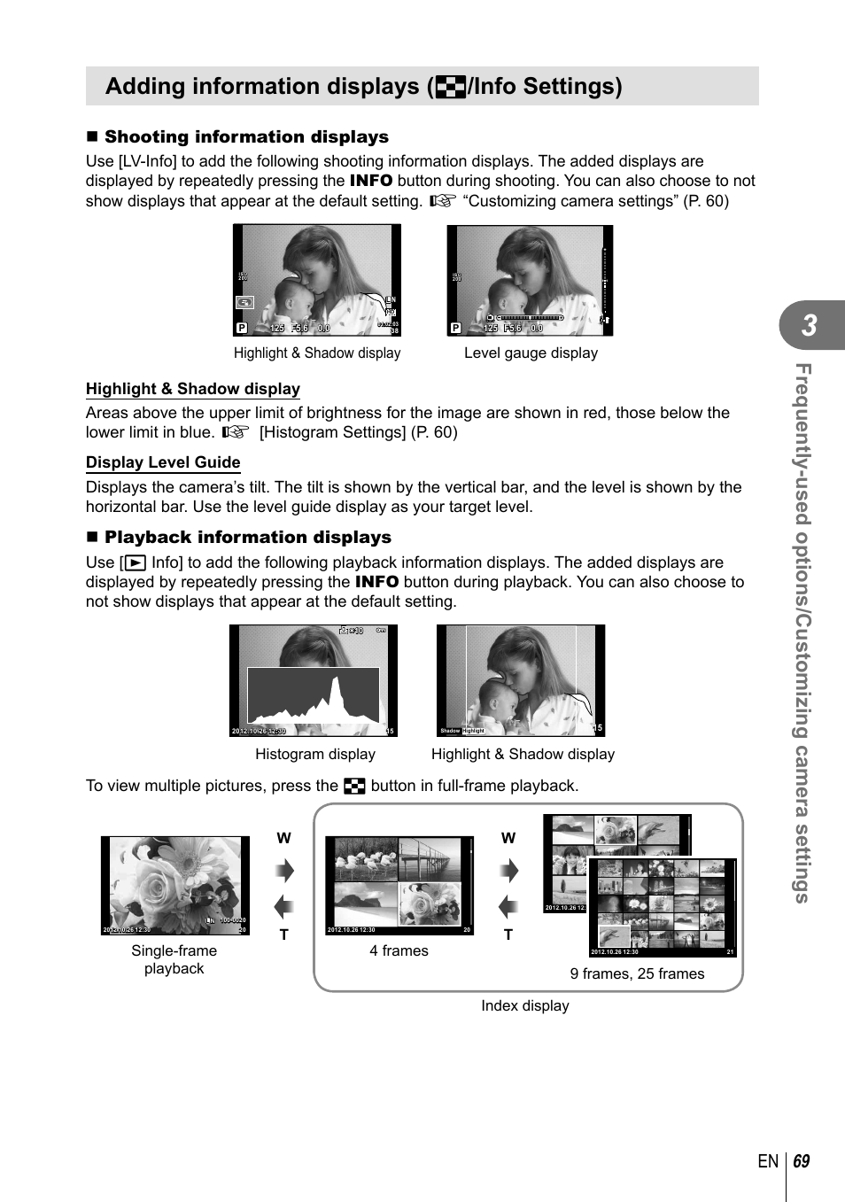 Adding information displays, Adding information displays ( g /info settings), 69 en | Shooting information displays, Playback information displays, Highlight & shadow display level gauge display, Highlight & shadow display histogram display, 4 frames, Single-frame playback 9 frames, 25 frames | Olympus XZ-2 User Manual | Page 69 / 102