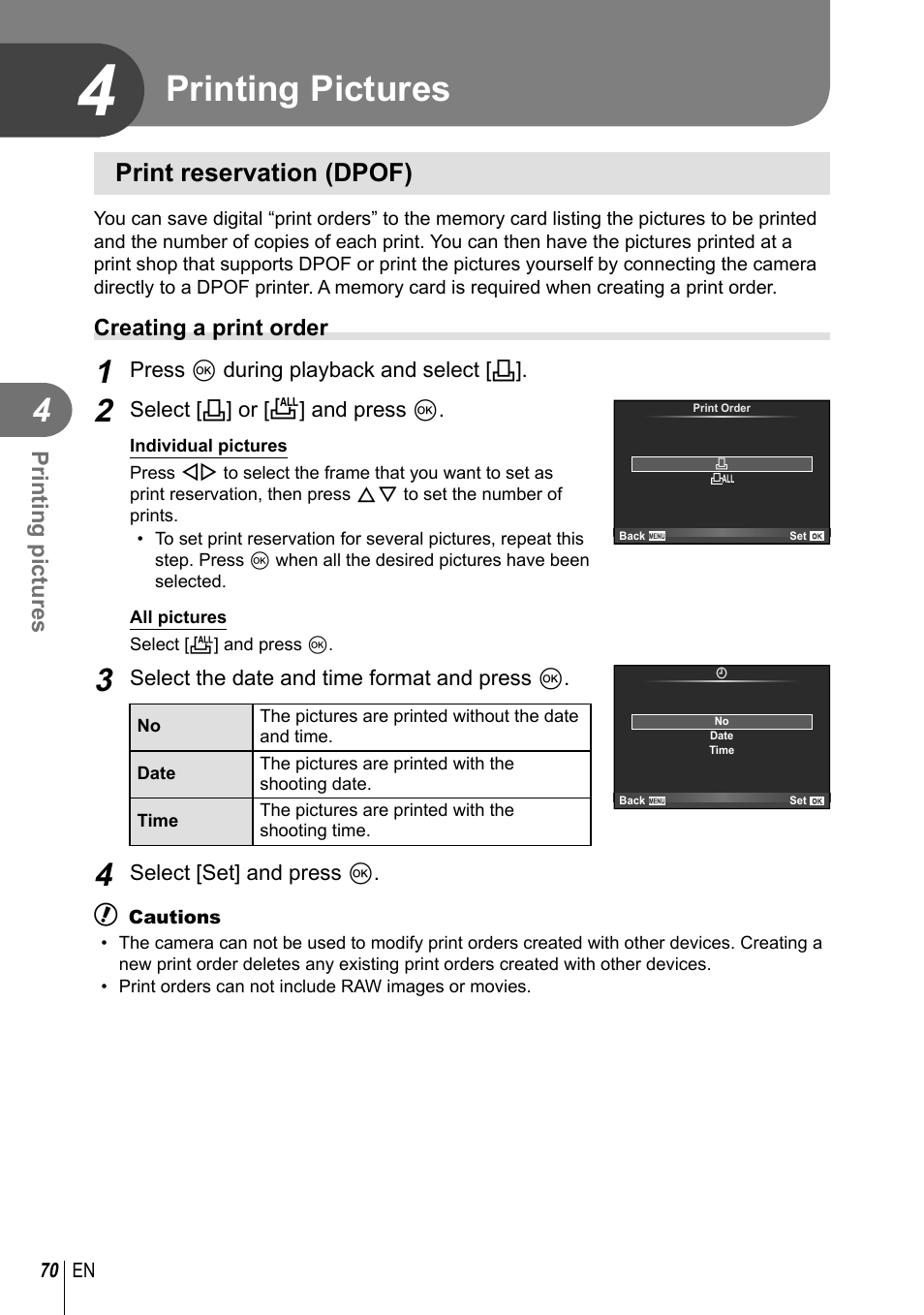 Printing pictures, Print reservation (dpof) | Olympus XZ-2 User Manual | Page 70 / 102