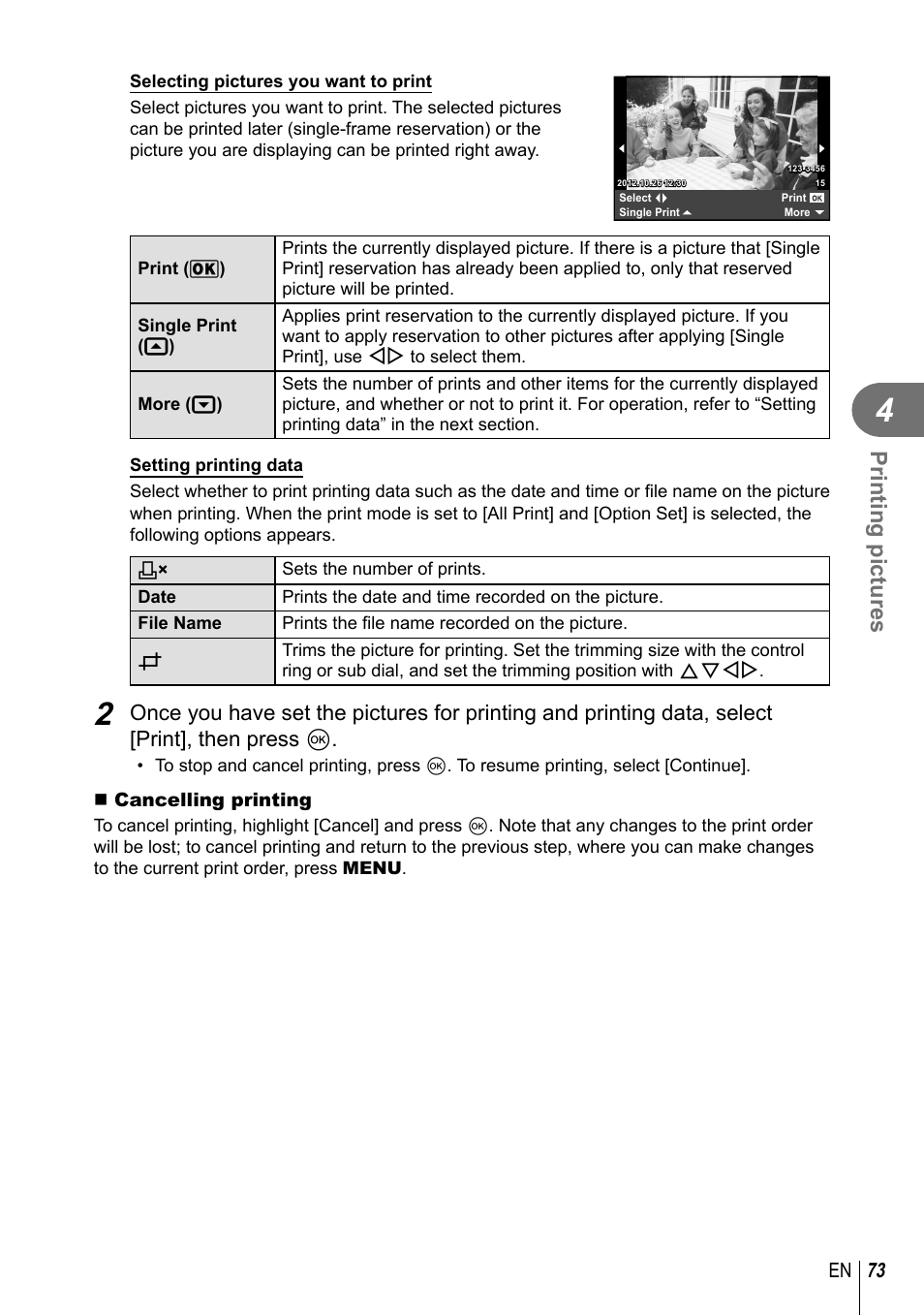 Printing pictures | Olympus XZ-2 User Manual | Page 73 / 102