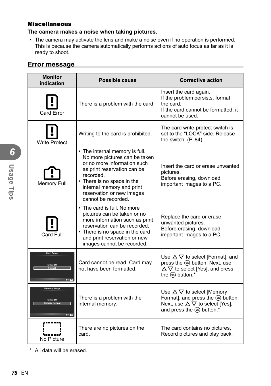 Usage t ips, Error message, 78 en | Olympus XZ-2 User Manual | Page 78 / 102