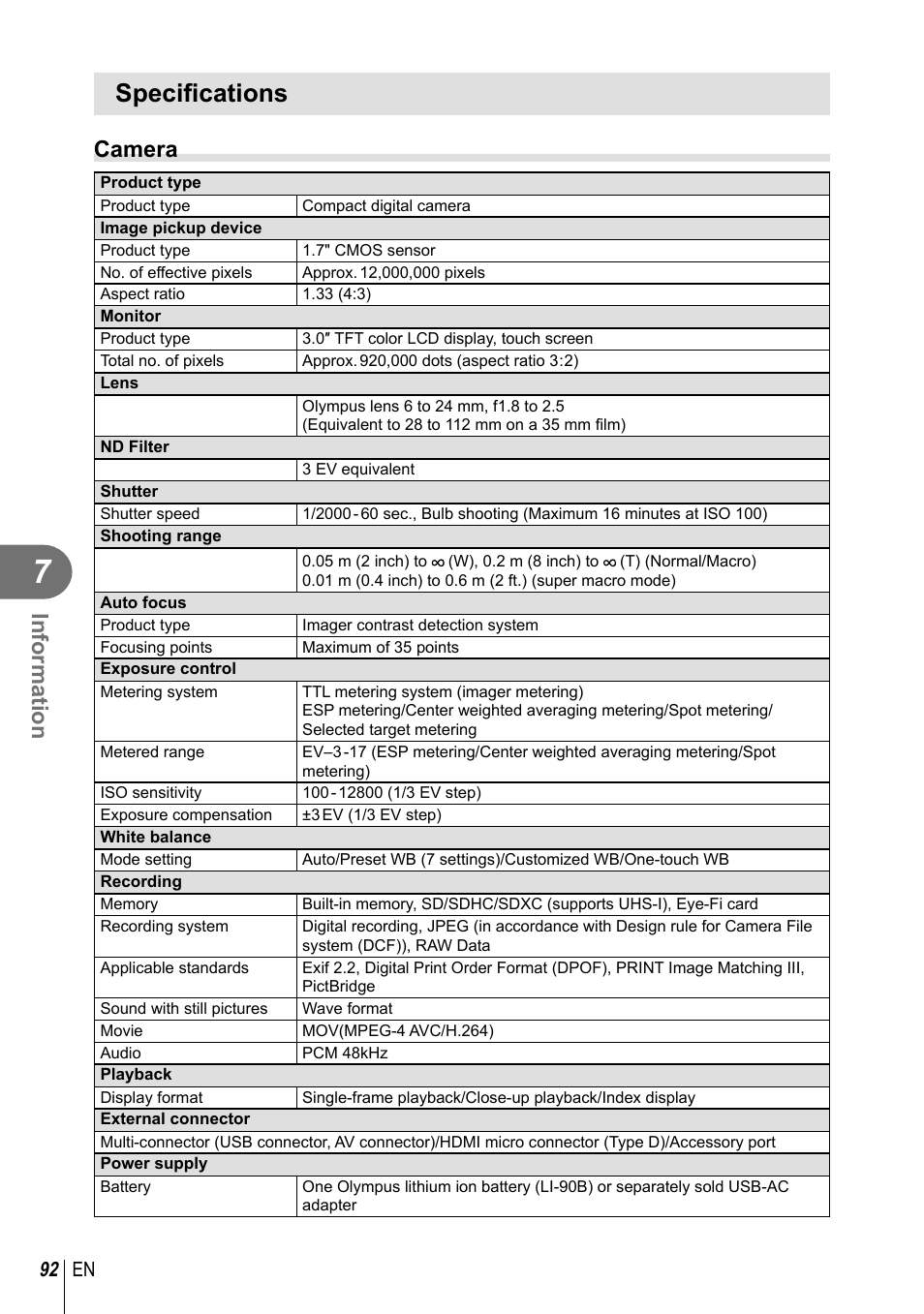 Specifications, Specifi cations, Information | Camera, 92 en | Olympus XZ-2 User Manual | Page 92 / 102