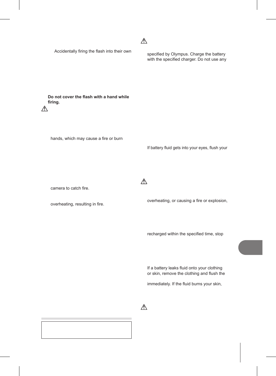 Safety precautions, Caution, Battery handling precautions | Danger, Warning | Olympus E-PL2 User Manual | Page 117 / 127