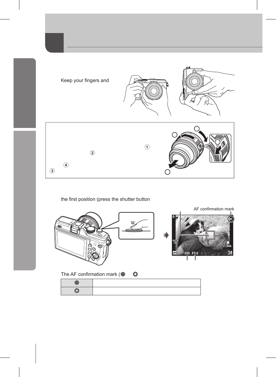 Taking photographs/shooting movies, Basic guide, Basic operations | Frame the shot, Adjust the focus | Olympus E-PL2 User Manual | Page 12 / 127