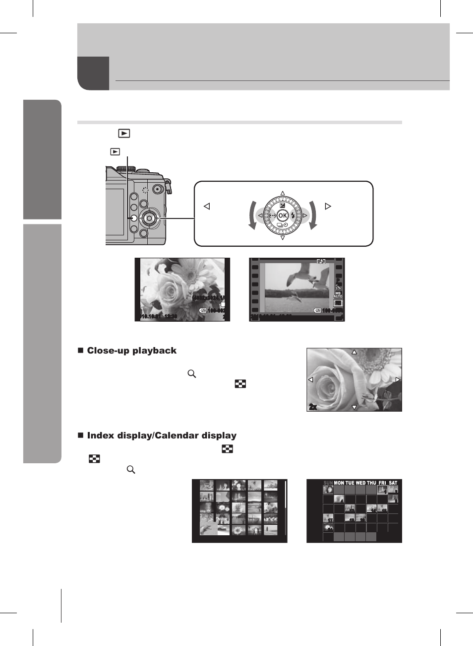 Playback/erasing, Basic guide, Basic operations | Single-frame playback, 1 en, Nclose-up playback, Nindex display/calendar display, Arrow pad/control dial | Olympus E-PL2 User Manual | Page 14 / 127