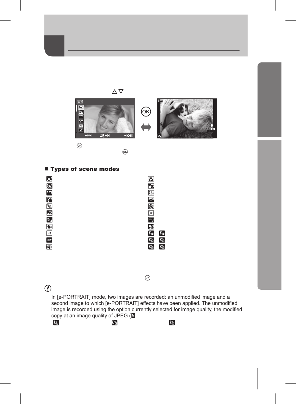 Shooting in scene mode, Basic guide, Basic operations | Rotate the mode dial to scn, Shoot | Olympus E-PL2 User Manual | Page 17 / 127