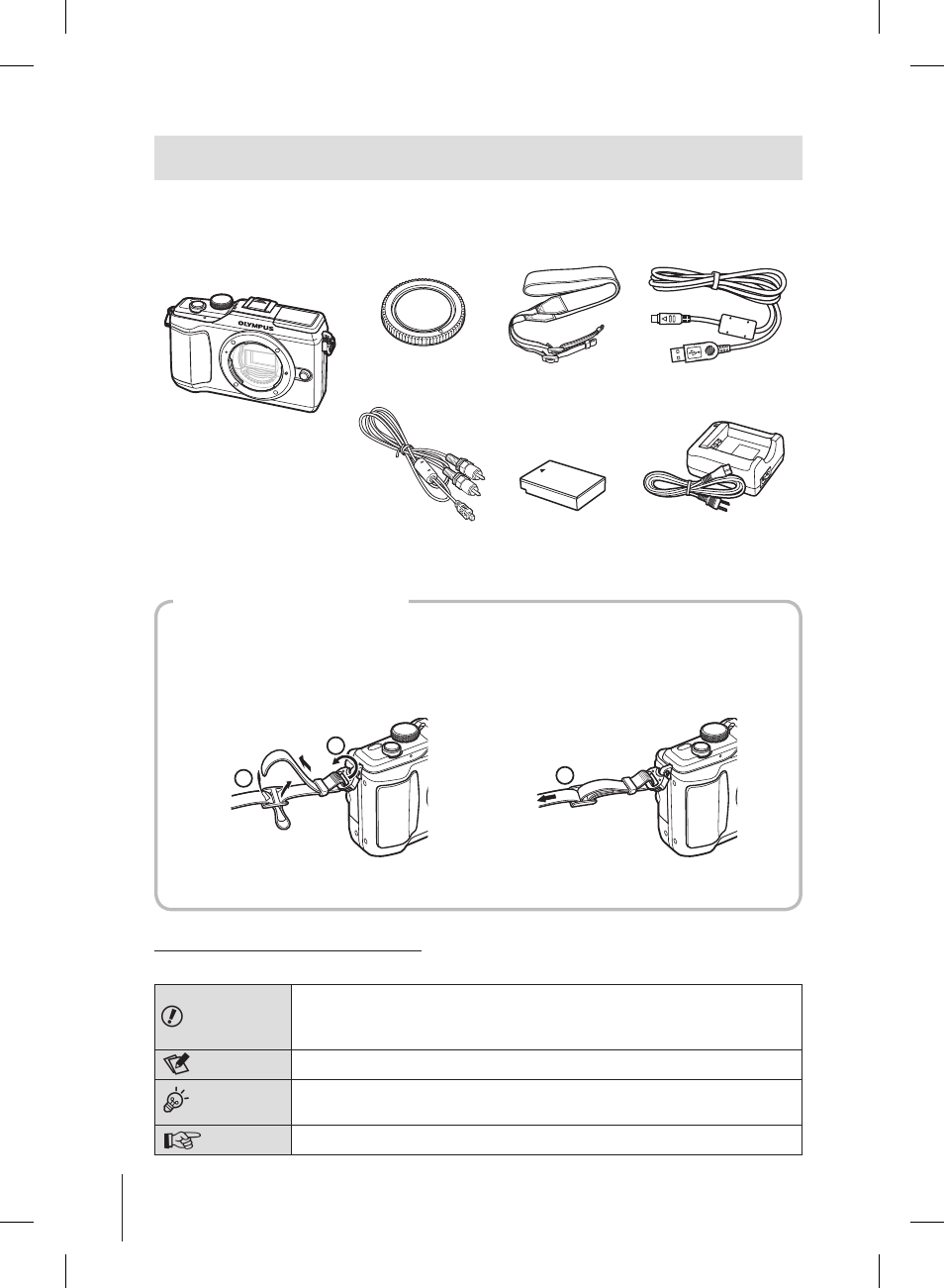 Unpack the box contents, Thread the strap in the direction of the arrows | Olympus E-PL2 User Manual | Page 2 / 127