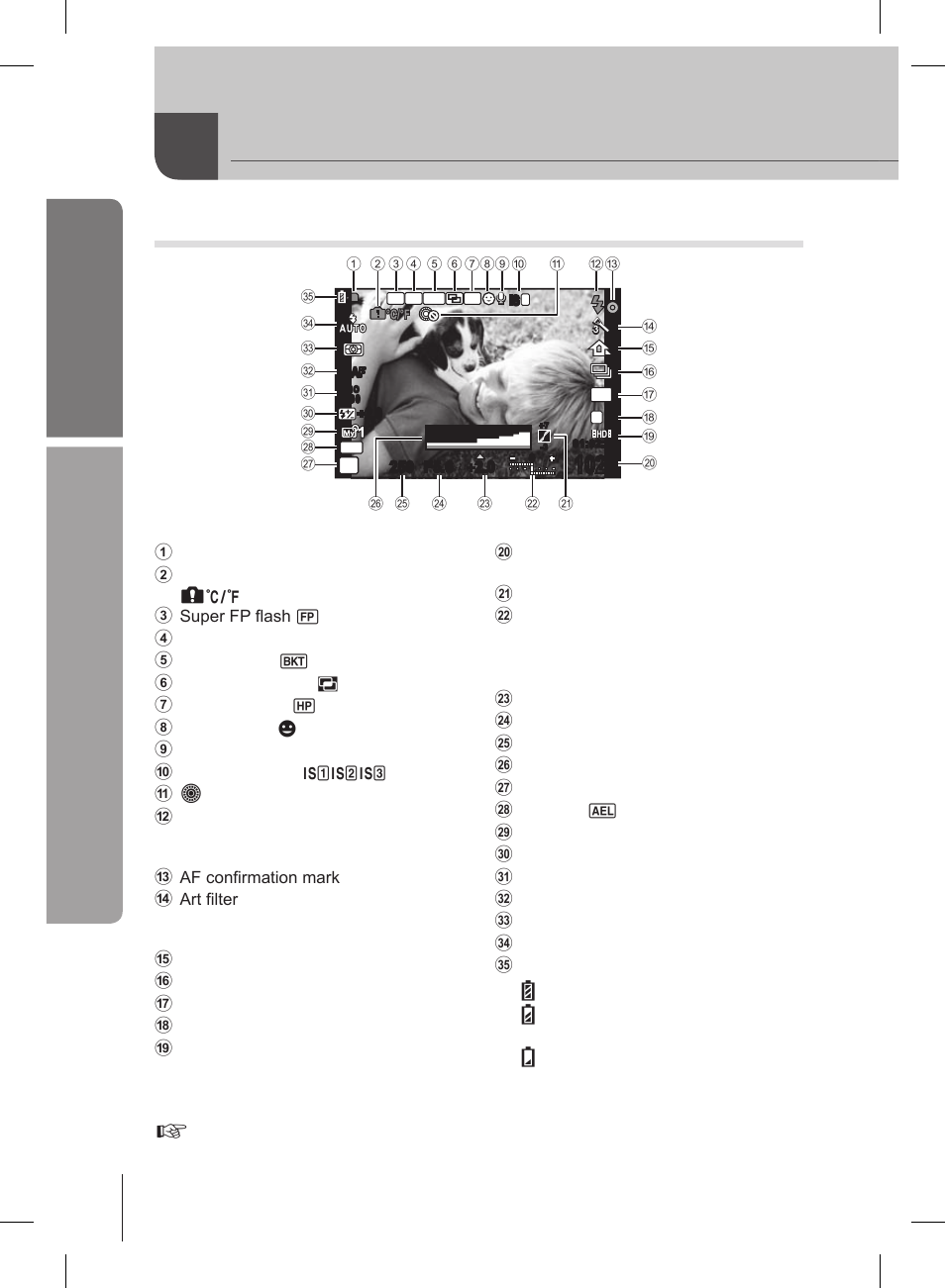 Basic guide, Information displayed in the monitor, Shooting | Olympus E-PL2 User Manual | Page 22 / 127