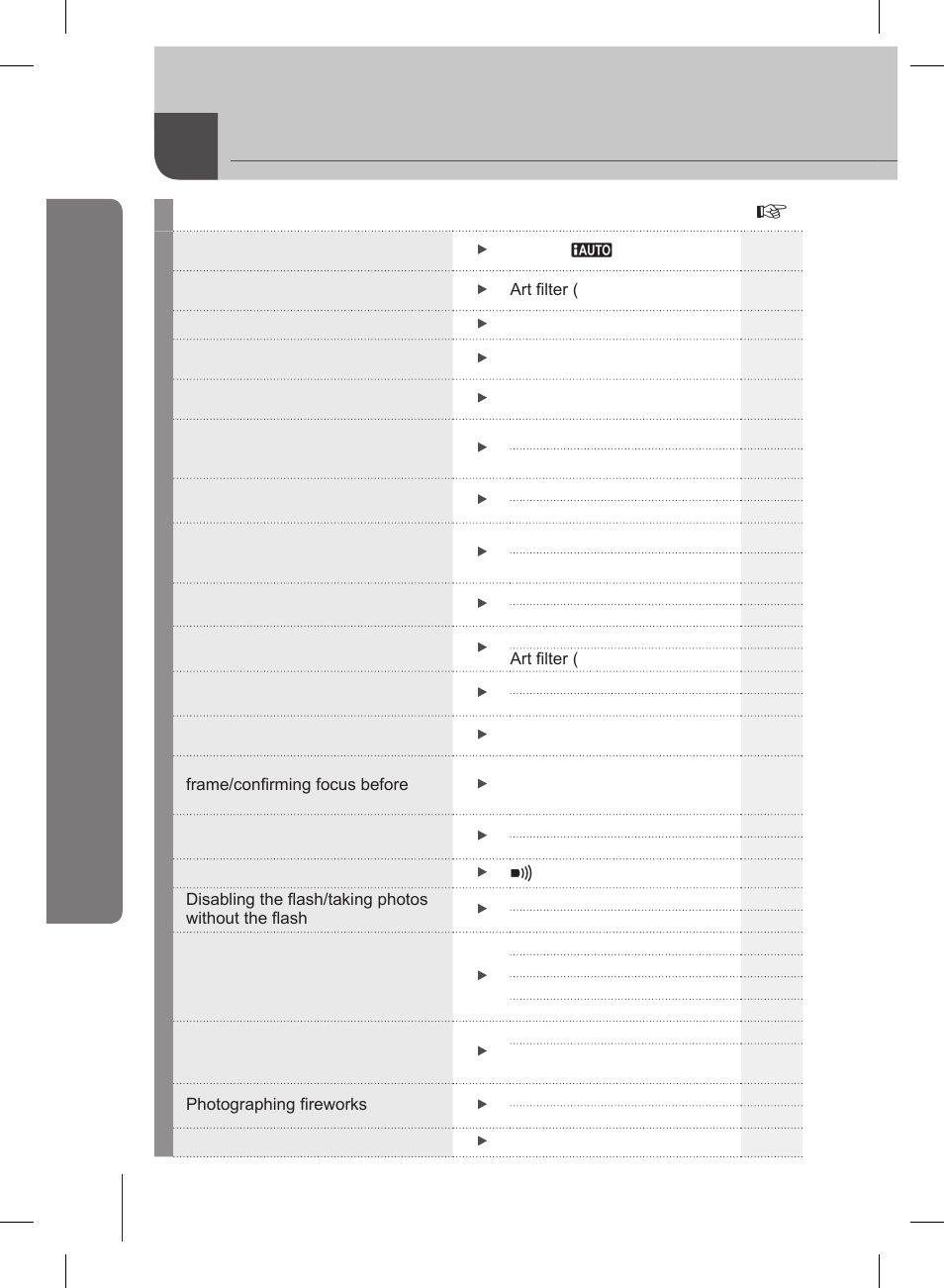 Quick task index, Shooting | Olympus E-PL2 User Manual | Page 24 / 127