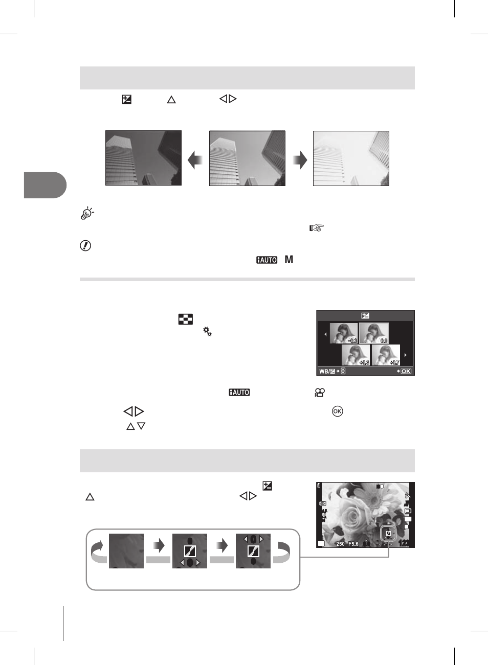 Ln 4:3, S-af, Controlling exposure (exposure compensation) | Changing the brightness of highlights and shadows | Olympus E-PL2 User Manual | Page 38 / 127
