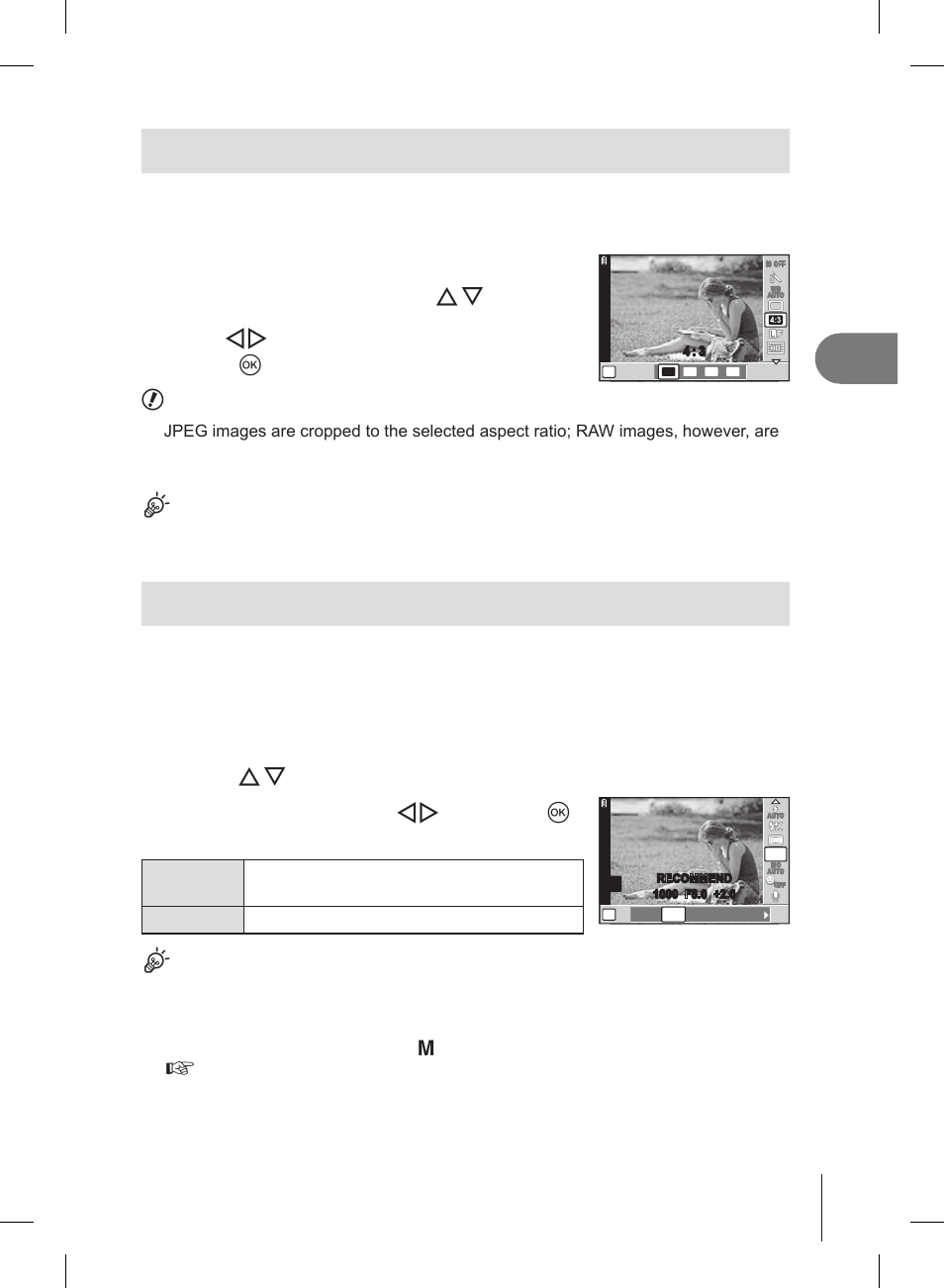 Setting the image aspect, Iso sensitivity, Use hi to select an aspect ratio and press q | Select an option using hi and press q, Basic photography/frequently-used options | Olympus E-PL2 User Manual | Page 45 / 127