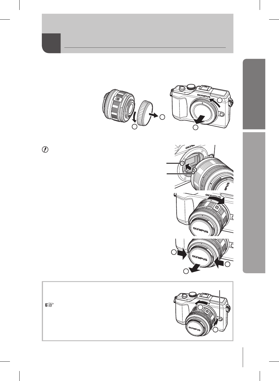 Attaching a lens to the camera, Basic guide, Preparations for shooting | Olympus E-PL2 User Manual | Page 5 / 127