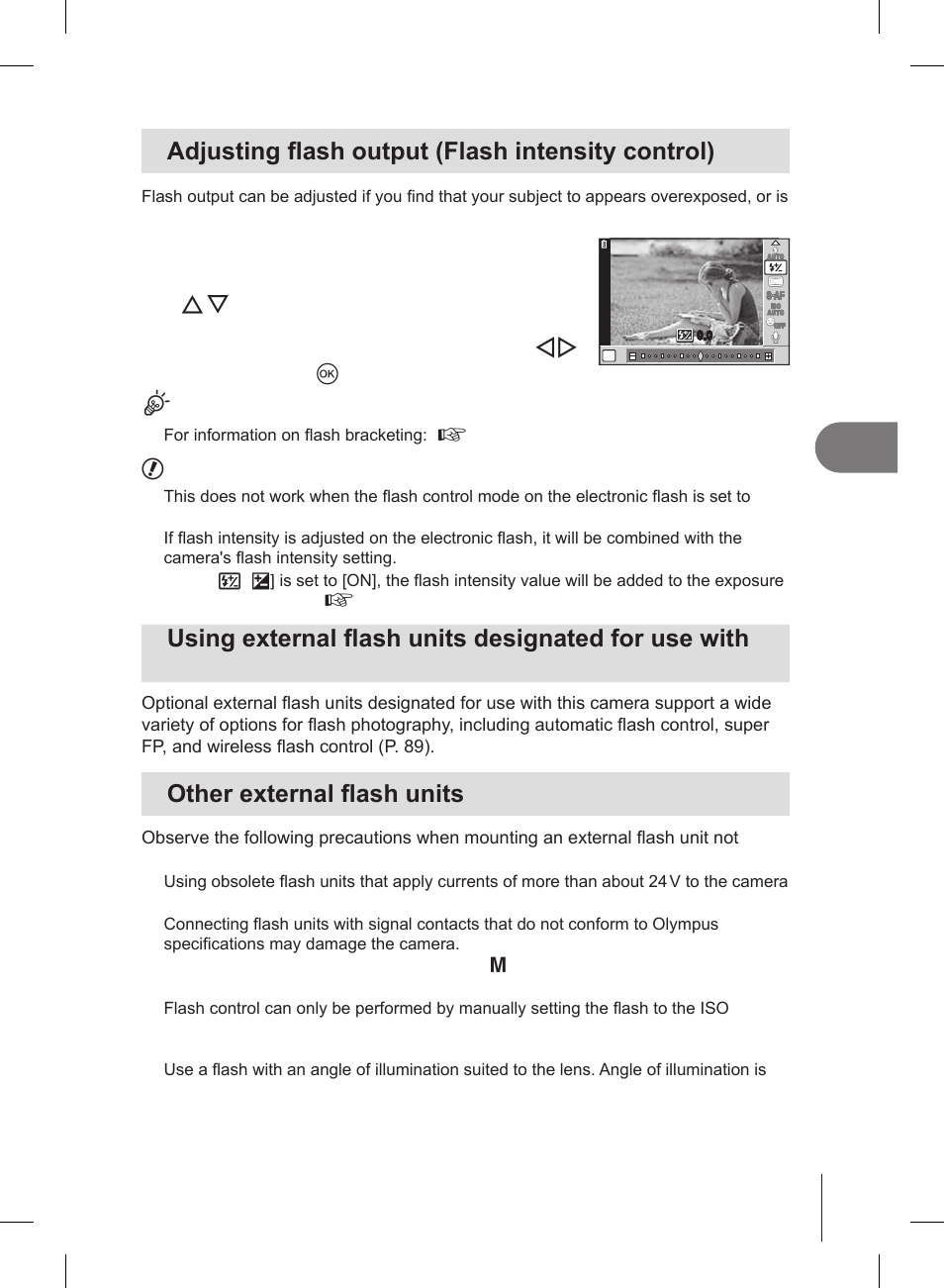 Adjusting flash output (flash intensity control), Other external flash units | Olympus E-PL2 User Manual | Page 57 / 127