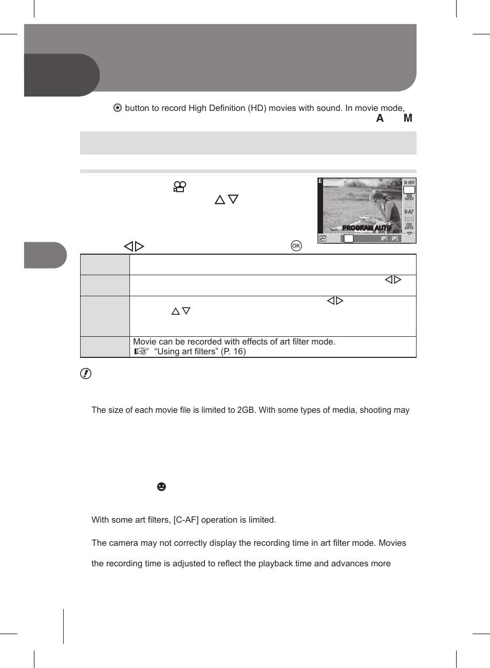 Shooting and viewing movies, Changing the settings for movie recording, Adding effects to a movie | Use hi to choose a mode and press q | Olympus E-PL2 User Manual | Page 58 / 127