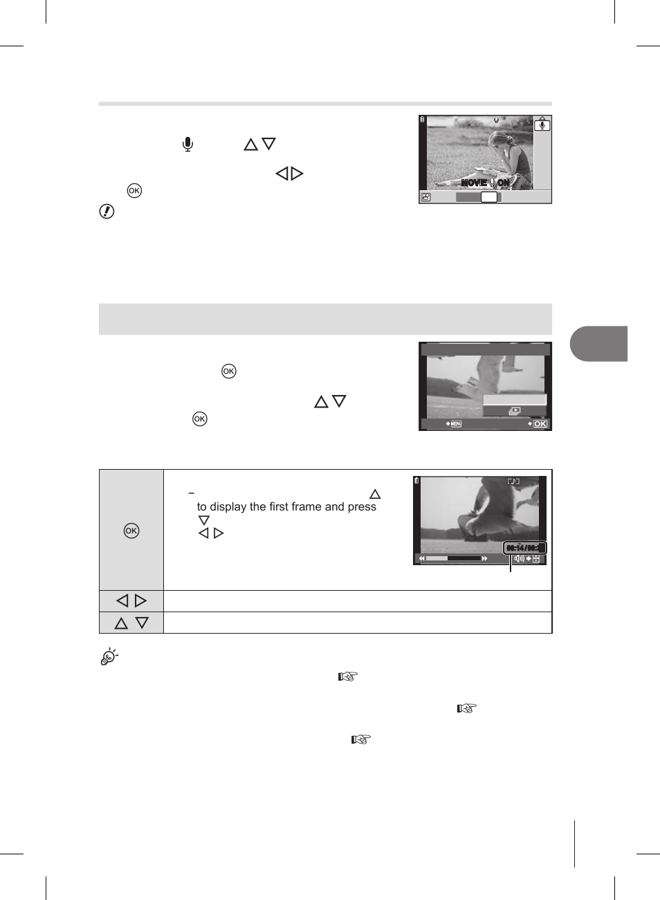 Viewing movies, Movie sound options (recording sound with movies), Switch on/off using hi and press the q button | Olympus E-PL2 User Manual | Page 59 / 127