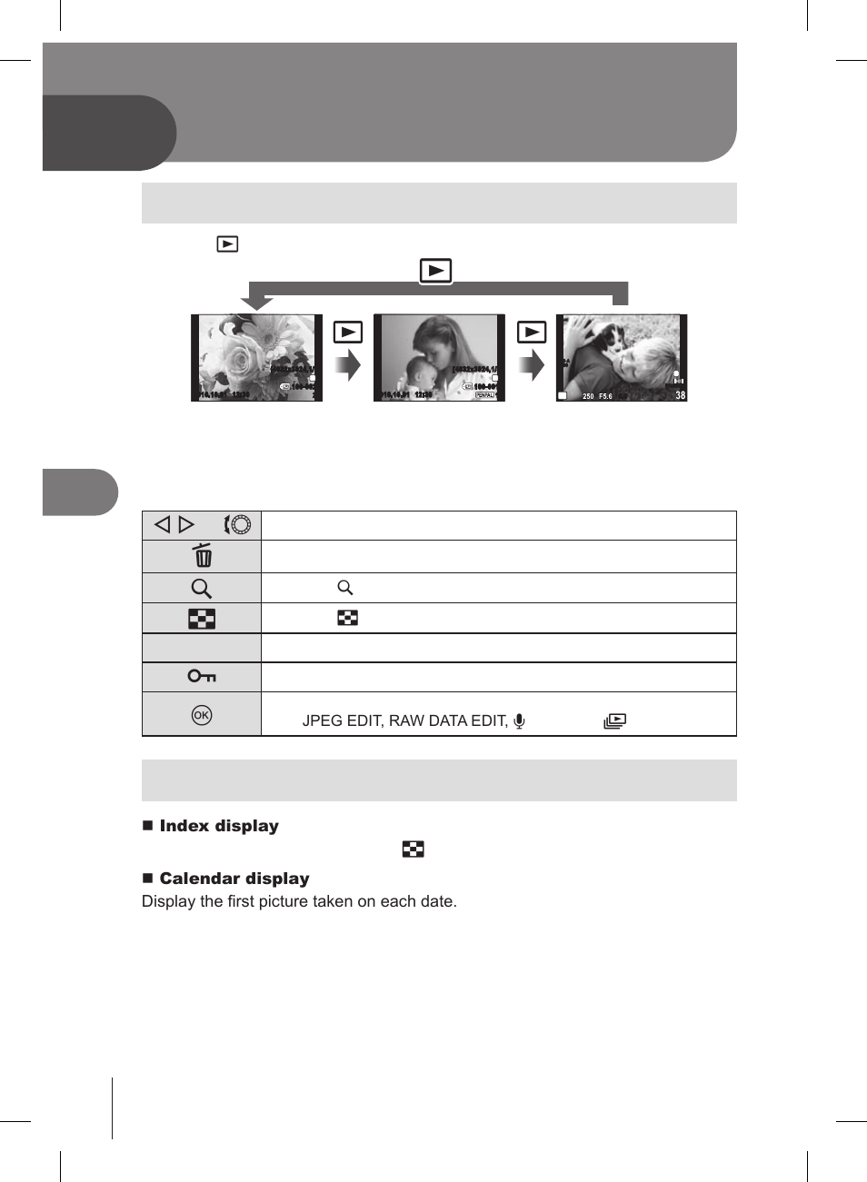 Playback options, Single-frame playback, Index display/calendar display | H/i or j | Olympus E-PL2 User Manual | Page 60 / 127