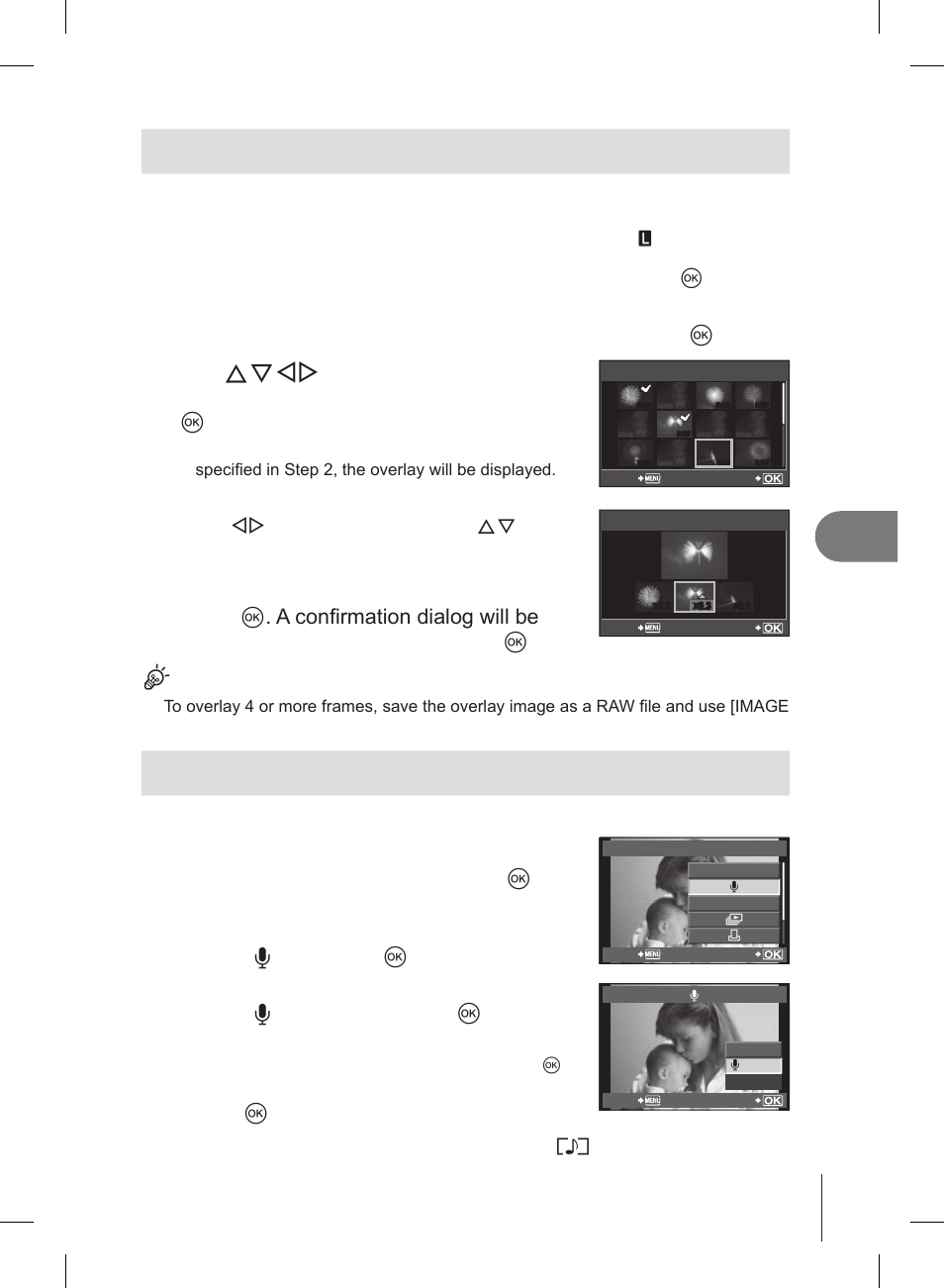 Image overlay, Audio recording | Olympus E-PL2 User Manual | Page 65 / 127