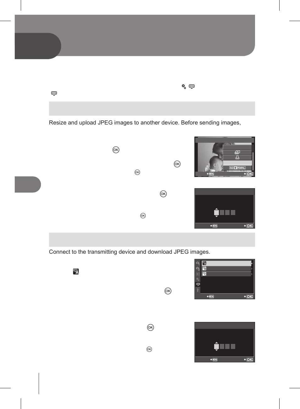 Sending and receiving images, Sending images, Receiving images/adding a host | Select [send a picture] and press q, Select the destination and press q, Select [please wait] and press q, Select [accept] and press q | Olympus E-PL2 User Manual | Page 68 / 127