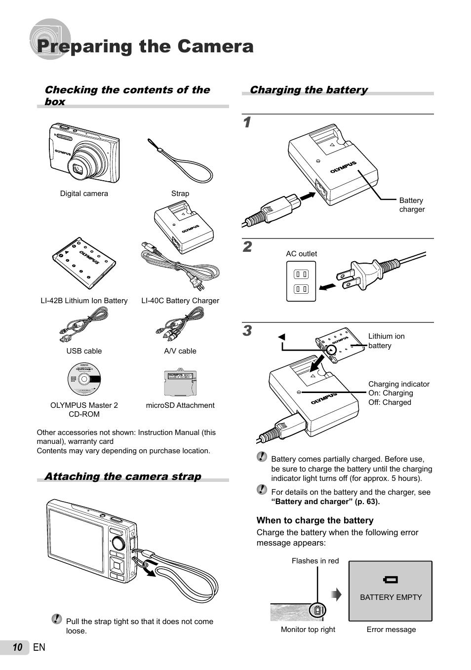 Preparing the camera, Checking the contents of the box, Attaching the camera strap | Charging the battery | Olympus 1060 User Manual | Page 10 / 76