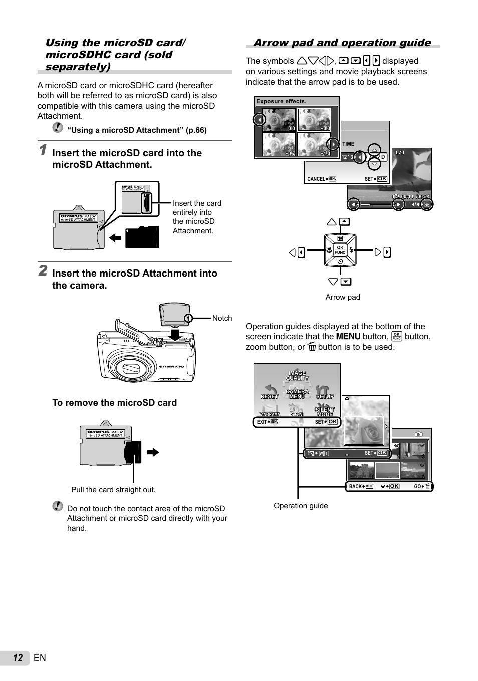 Arrow pad and operation guide, 12 en arrow pad and operation guide, Insert the microsd attachment into the camera | Olympus 1060 User Manual | Page 12 / 76