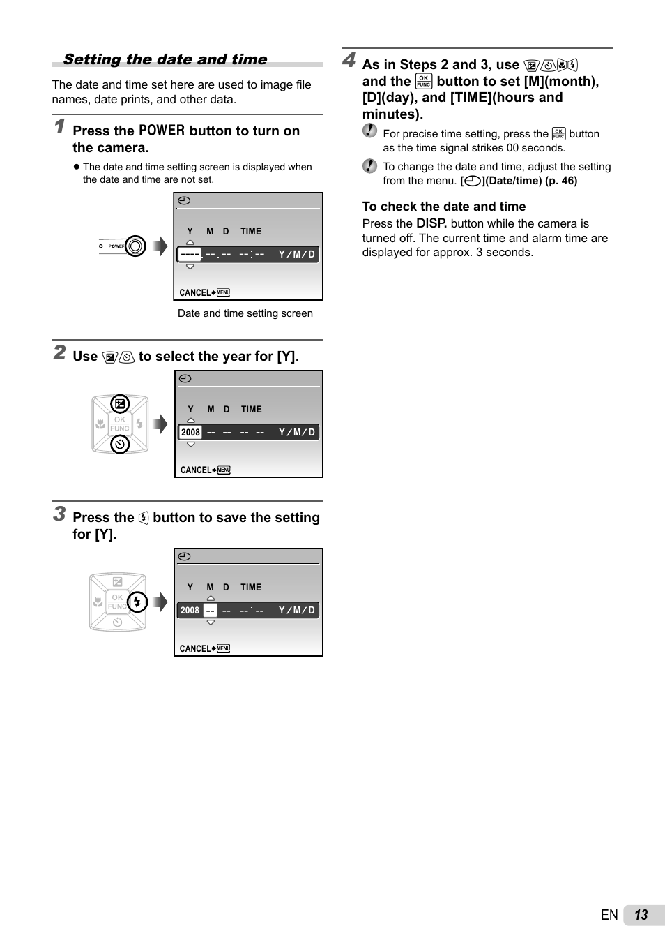Setting the date and time, 13 en | Olympus 1060 User Manual | Page 13 / 76