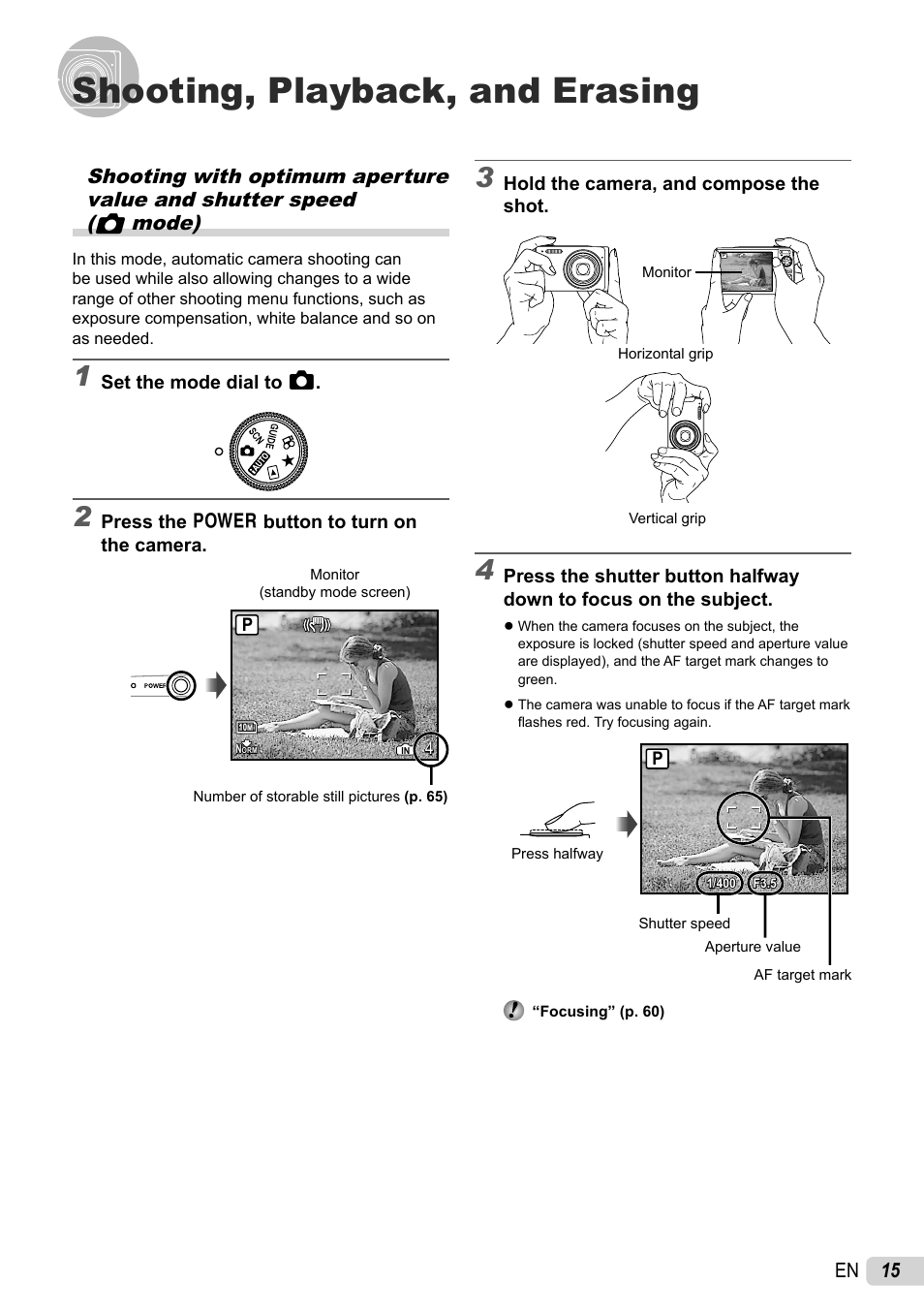 Shooting, playback, and erasing, 15 en | Olympus 1060 User Manual | Page 15 / 76