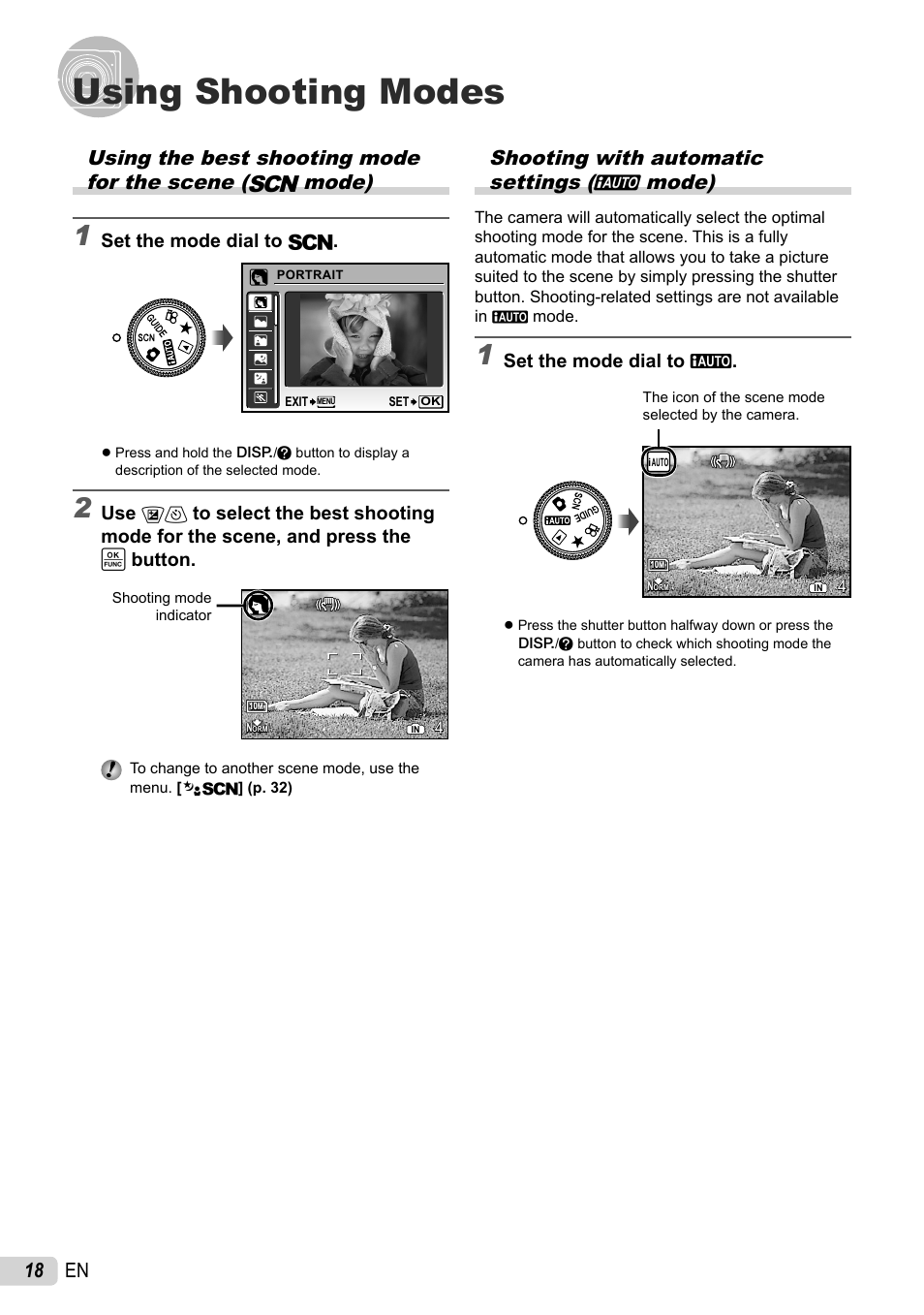 Using shooting modes, Using the best shooting mode for the scene, Shooting with automatic settings | 18 en shooting with automatic settings (h mode) | Olympus 1060 User Manual | Page 18 / 76