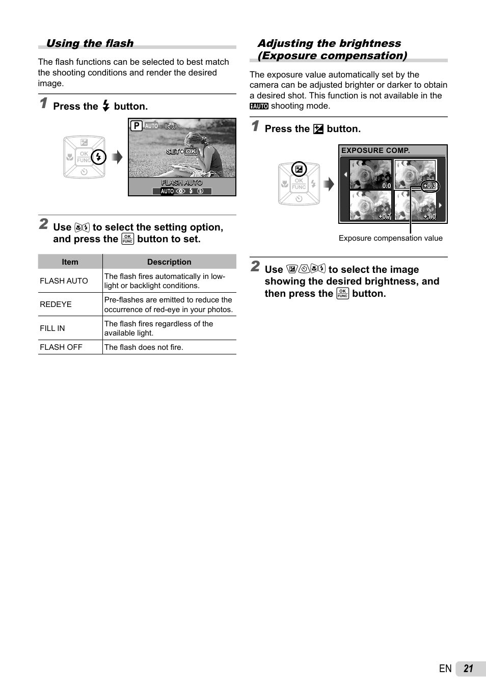 Using the flash, Adjusting the brightness (exposure compensation), 21 en using the fl ash | Olympus 1060 User Manual | Page 21 / 76
