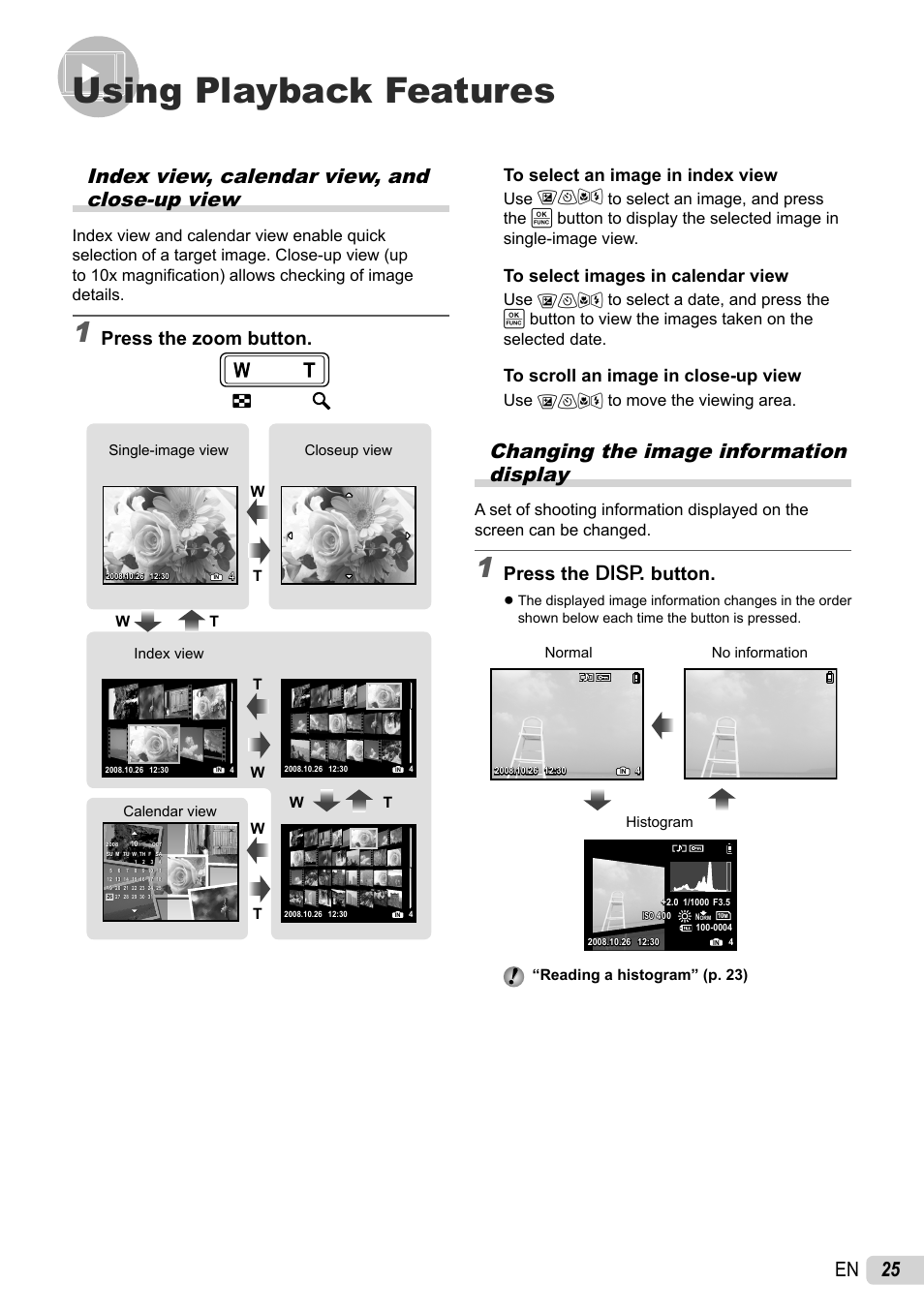 Using playback features, Index view, calendar view, and close-up view, Changing the image information display | 25 en, Press the g button, Press the zoom button, Use 1234 to move the viewing area | Olympus 1060 User Manual | Page 25 / 76