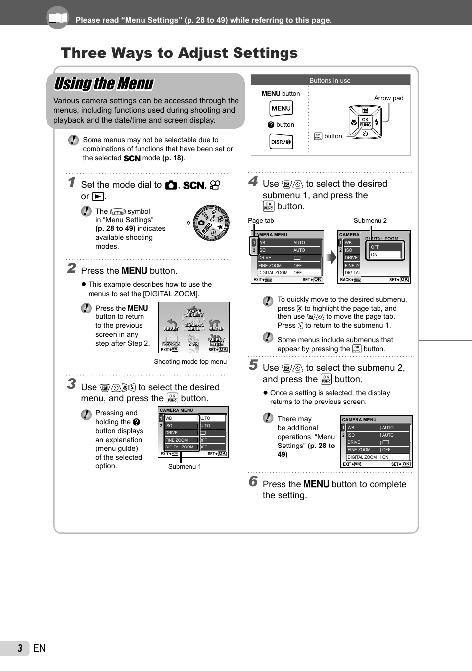 Using the menu, Three ways to adjust settings, 3 en | Set the mode dial to k, s, a or q, Press the m button, Press the m button to complete the setting | Olympus 1060 User Manual | Page 3 / 76