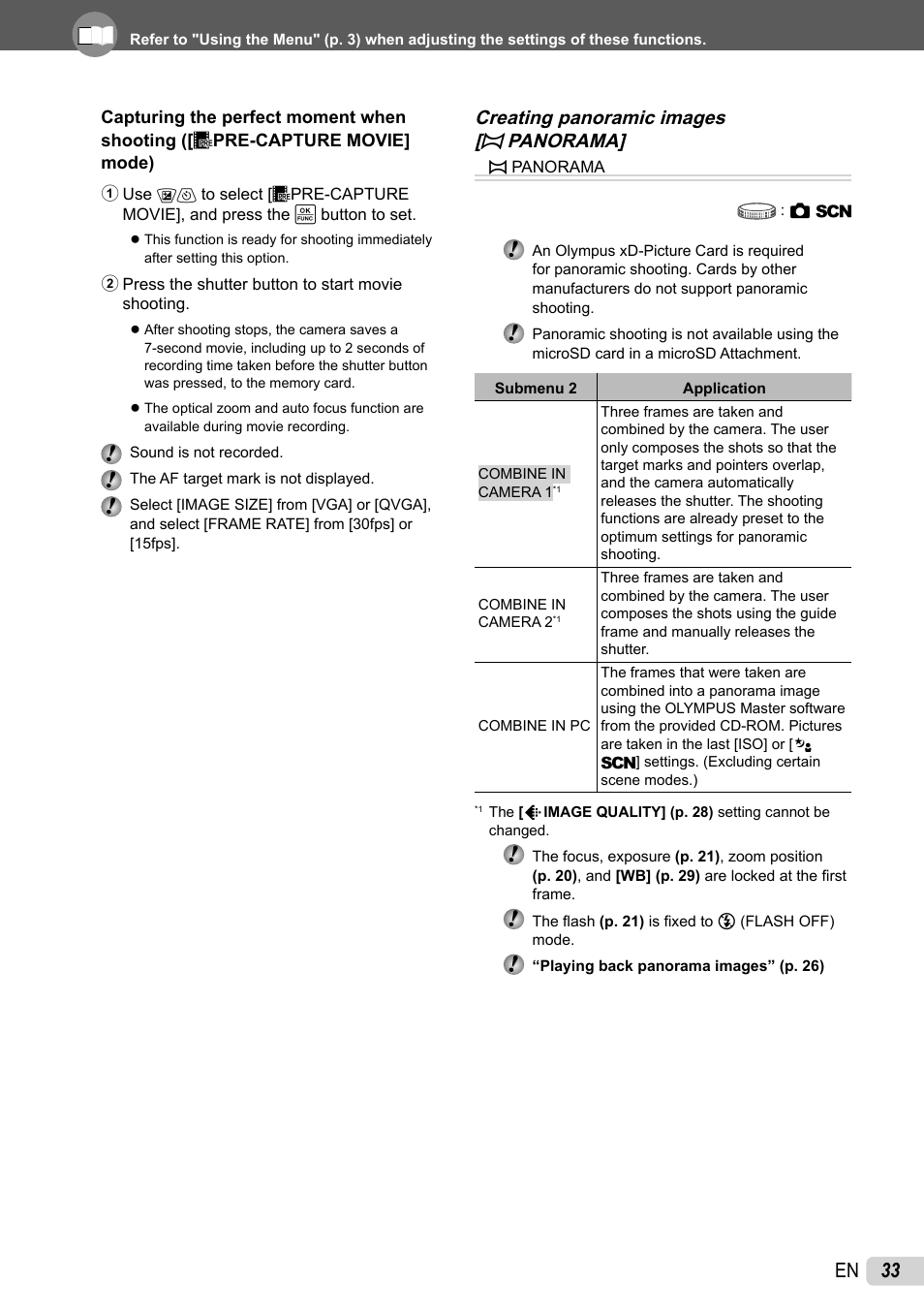 Creating panoramic images, 33 en, Creating panoramic images [ ~ panorama | Olympus 1060 User Manual | Page 33 / 76