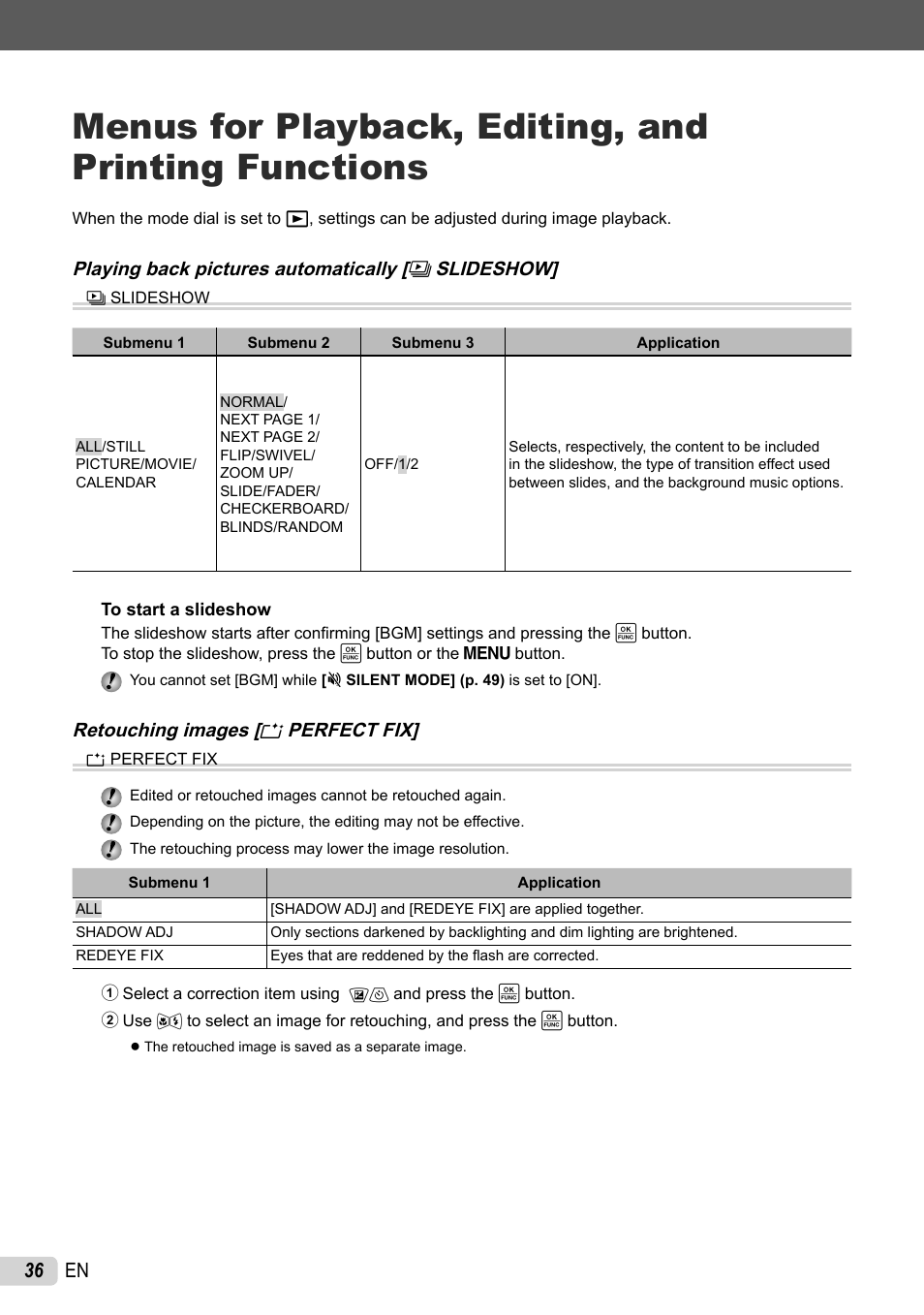 Playing back pictures automatically, Retouching images, 36 en | Olympus 1060 User Manual | Page 36 / 76