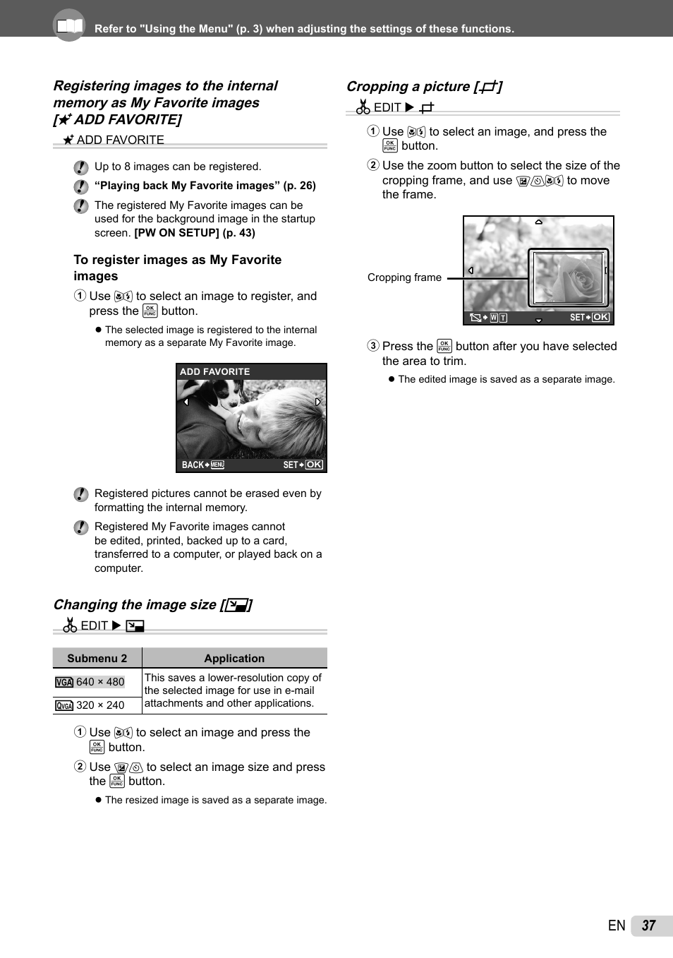 Changing the image size, Cropping a picture, 37 en | Changing the image size [ q, Cropping a picture [ p | Olympus 1060 User Manual | Page 37 / 76