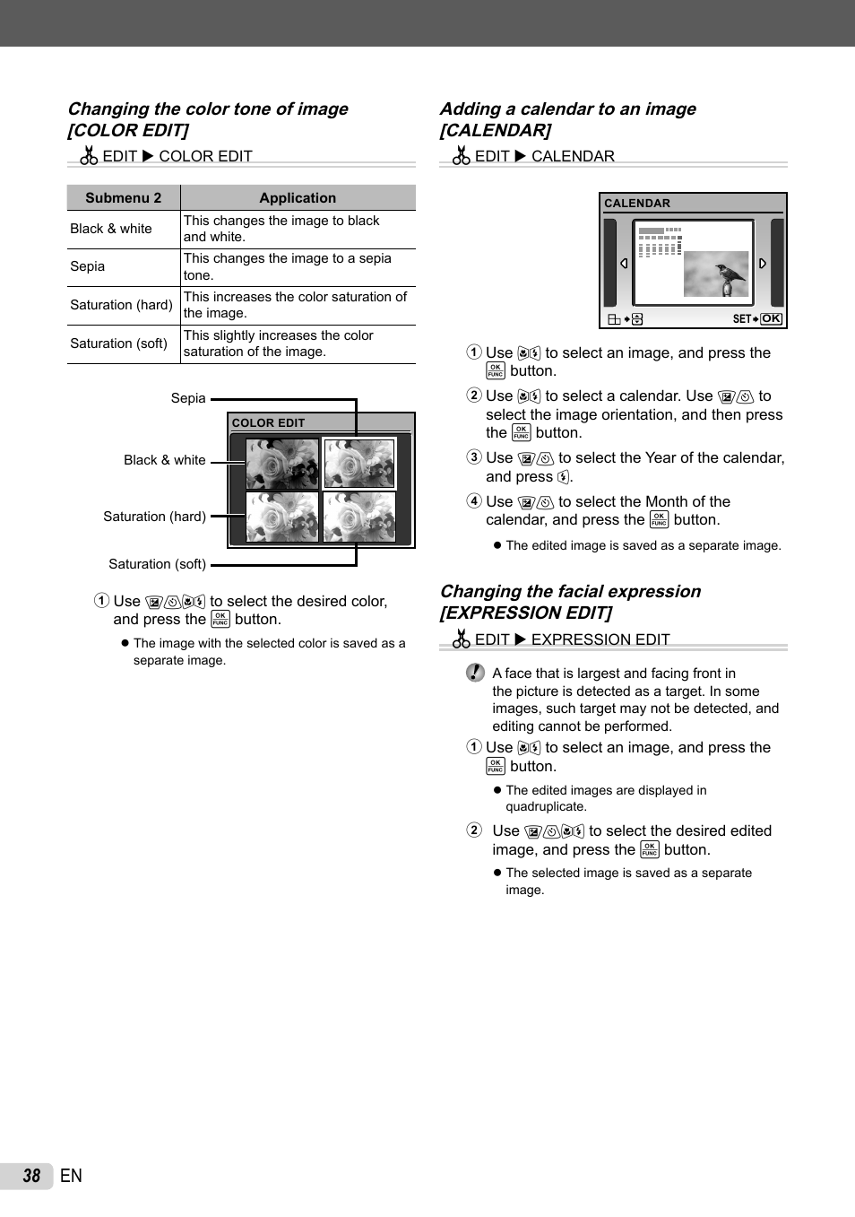 Changing the color tone of image, Adding a calendar to an image, Changing the facial expression | 38 en, Changing the color tone of image [color edit, Adding a calendar to an image [calendar, Changing the facial expression [expression edit | Olympus 1060 User Manual | Page 38 / 76