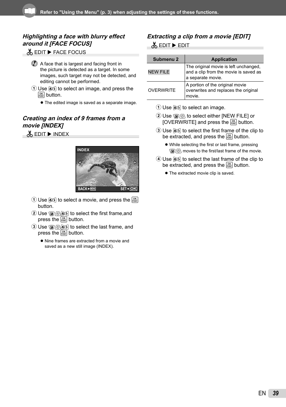 Highlighting a face with blurry effect around it, Creating an index of 9 frames from a movie, Extracting a clip from a movie | 39 en, Creating an index of 9 frames from a movie [index, Extracting a clip from a movie [edit | Olympus 1060 User Manual | Page 39 / 76