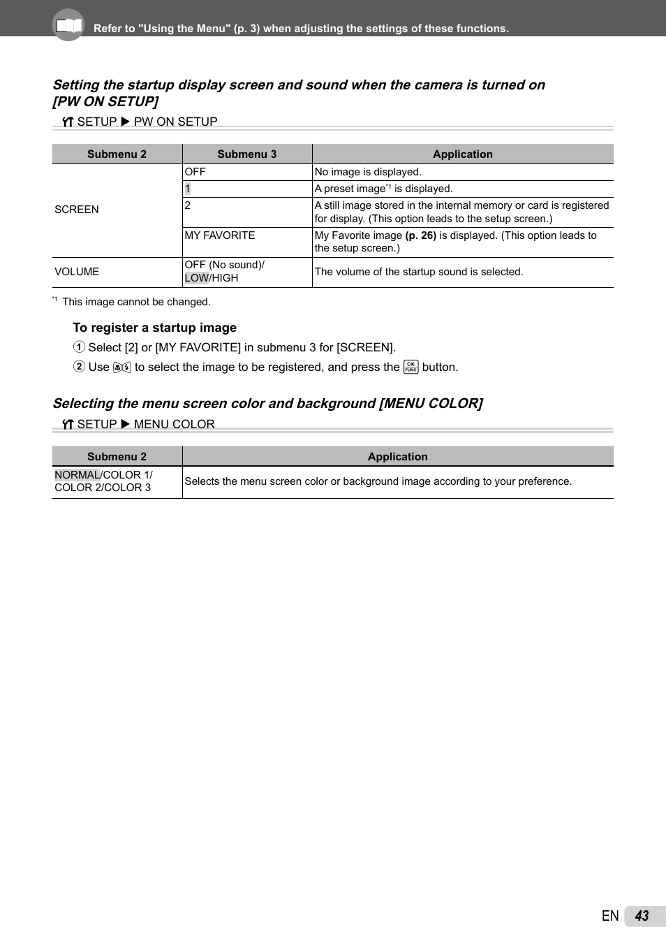 Selecting the menu screen color and background, 43 en | Olympus 1060 User Manual | Page 43 / 76