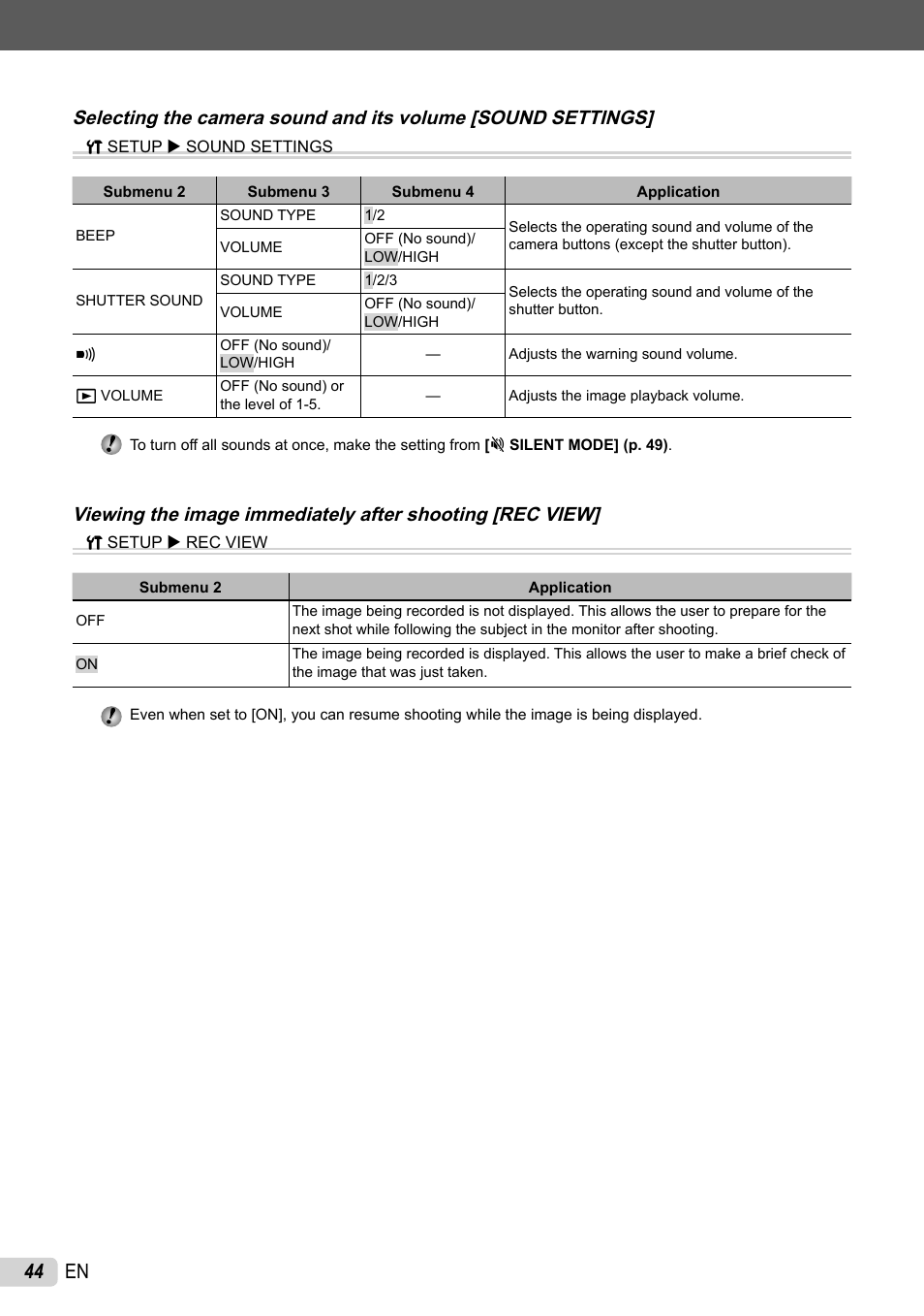Selecting the camera sound and its volume, Viewing the image immediately after shooting, 44 en | Olympus 1060 User Manual | Page 44 / 76