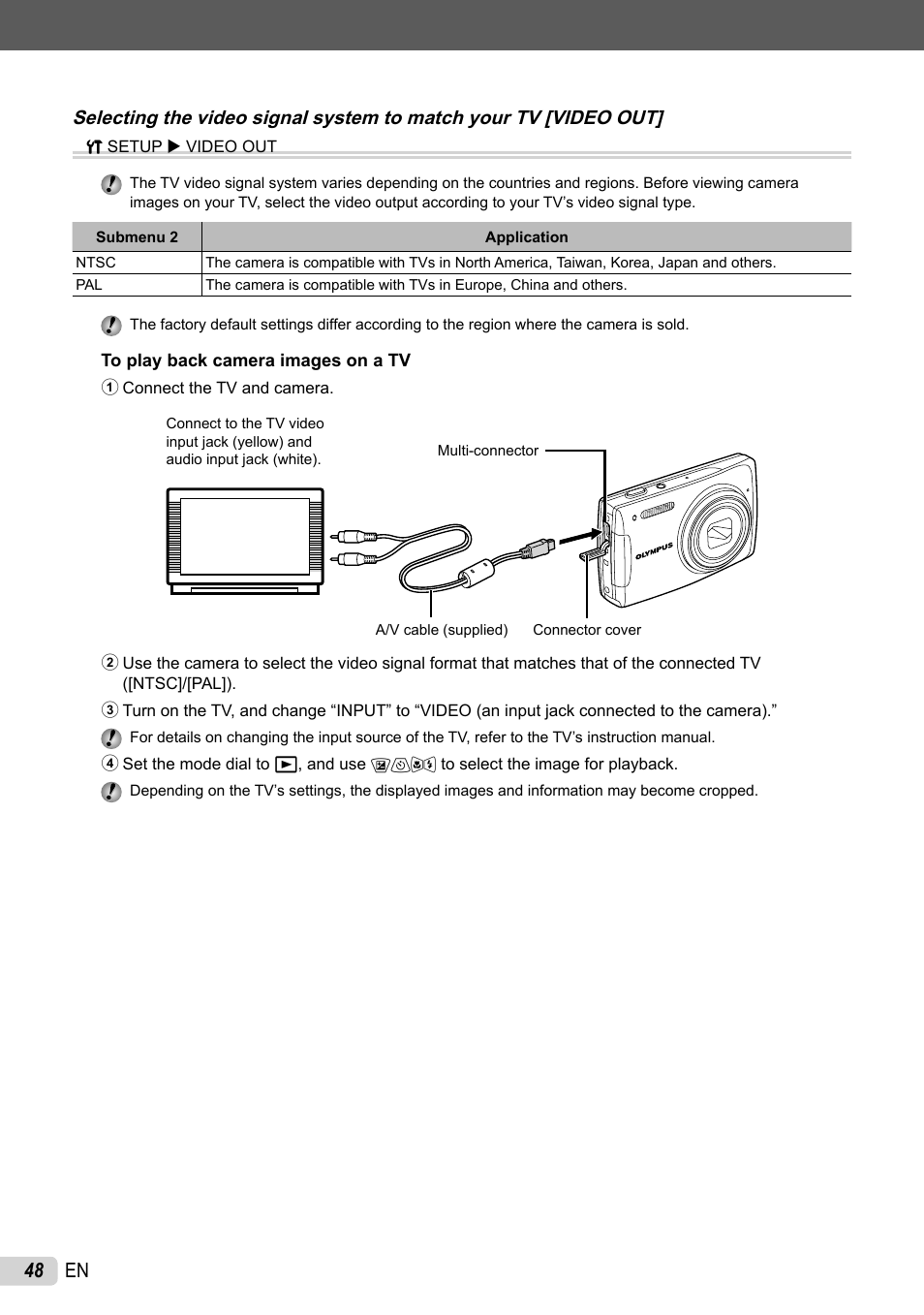 Selecting the video signal system to match your tv, 48 en | Olympus 1060 User Manual | Page 48 / 76