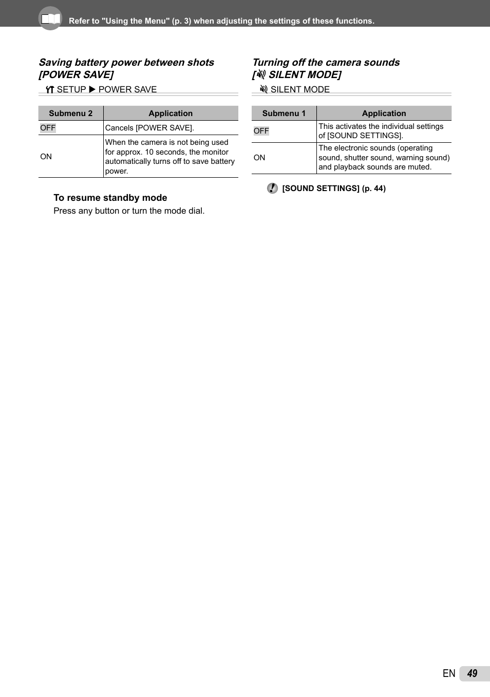 Saving battery power between shots, Turning off the camera sounds, 49 en | Olympus 1060 User Manual | Page 49 / 76