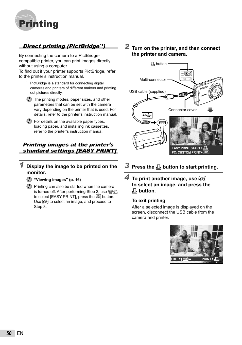 Printing, Direct printing (pictbridge), Printing images at the printer’s standard settings | 50 en, Direct printing (pictbridge | Olympus 1060 User Manual | Page 50 / 76